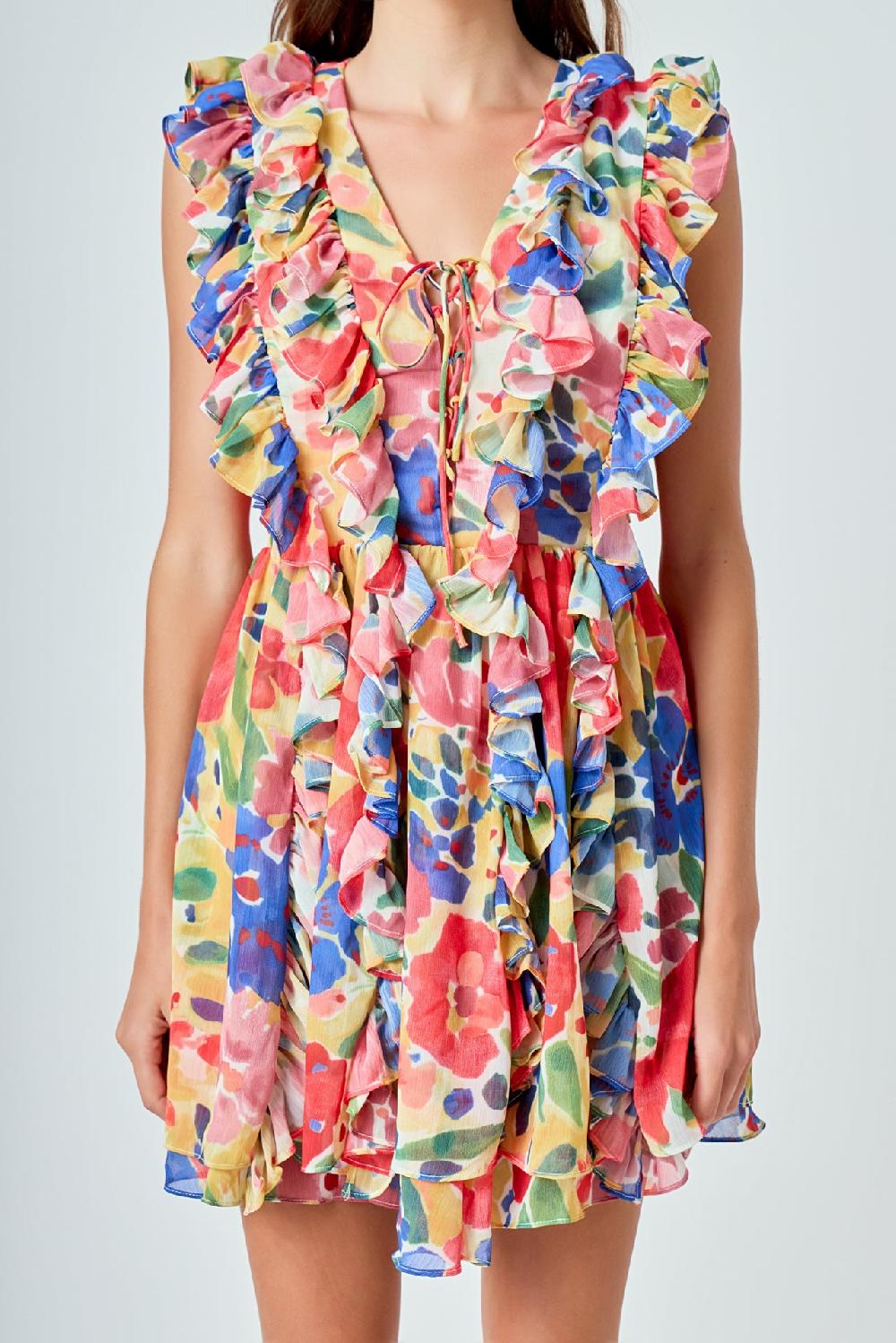 Endless Rose Multi Pop Floral Chiffon Ruffled Mini MULTI