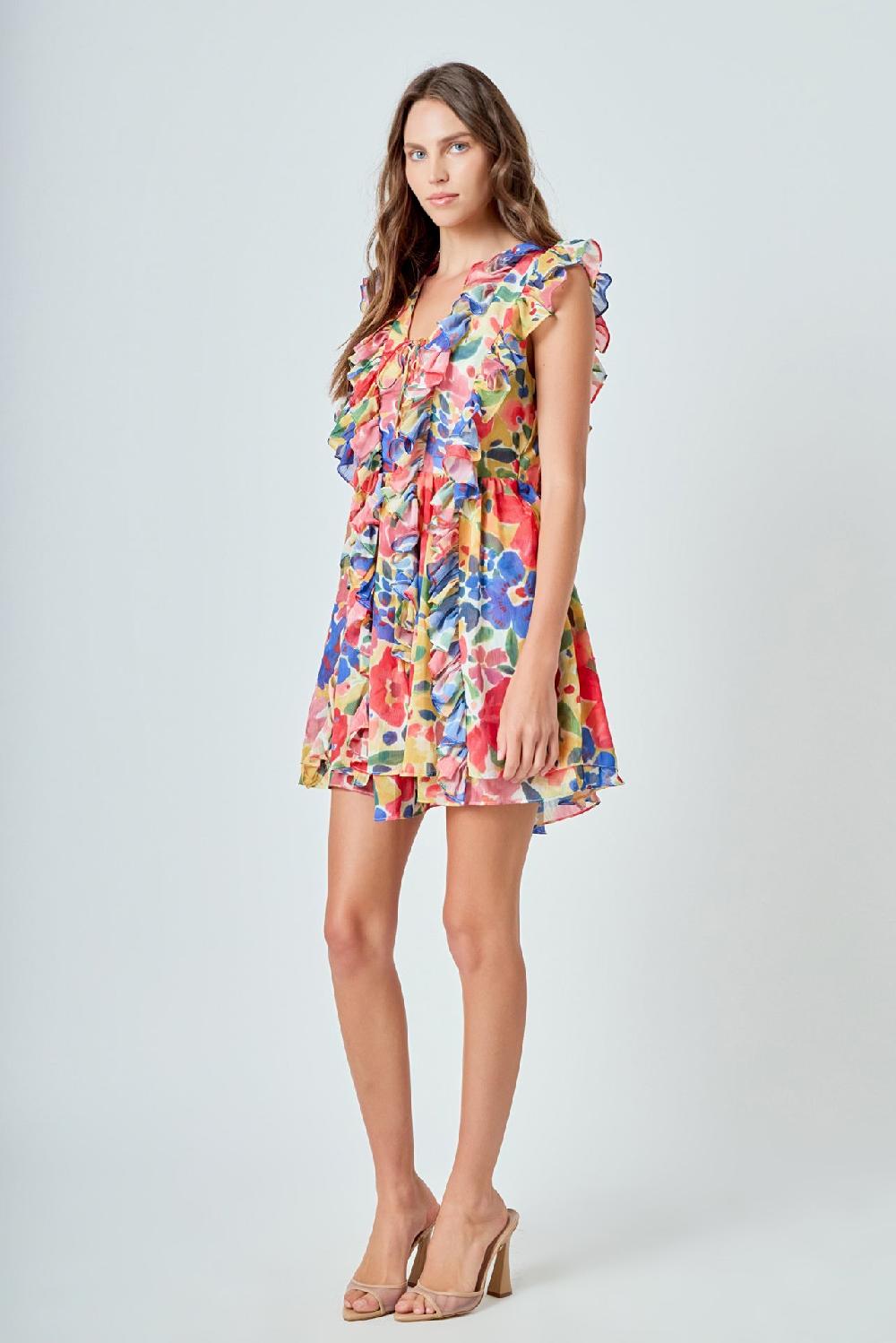 Endless Rose Multi Pop Floral Chiffon Ruffled Mini MULTI
