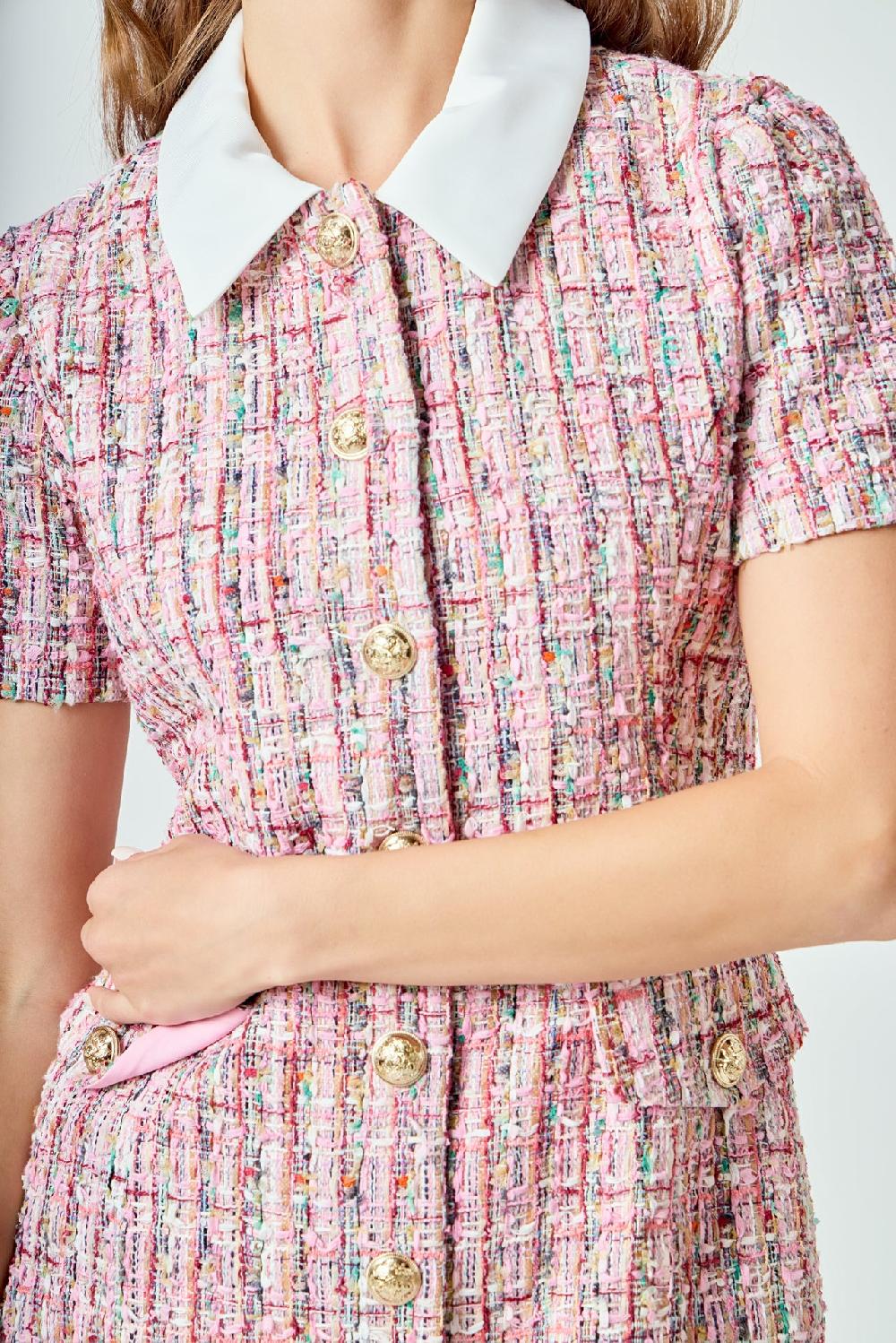 Endless Rose Multi Tweed Collared Short Sleeve Dress PINK MULTI
