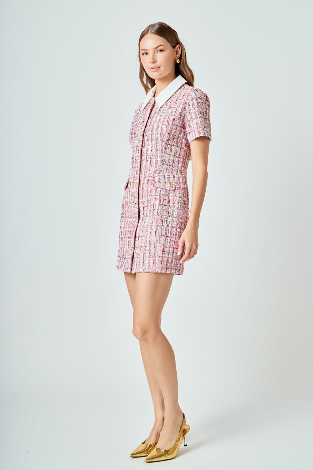 Endless Rose Multi Tweed Collared Short Sleeve Dress PINK MULTI