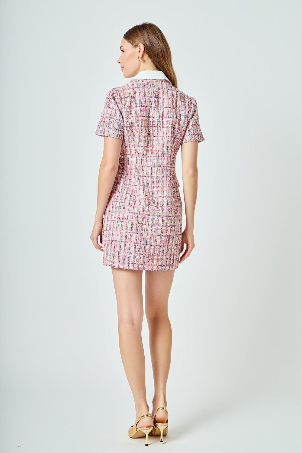 Endless Rose Multi Tweed Collared Short Sleeve Dress PINK MULTI