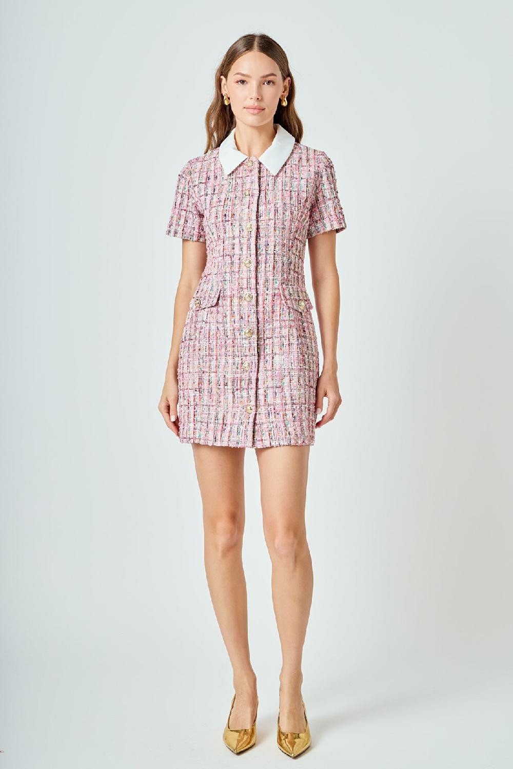 endless rose Multi Tweed Collared Short Sleeve Dress PINK MULTI