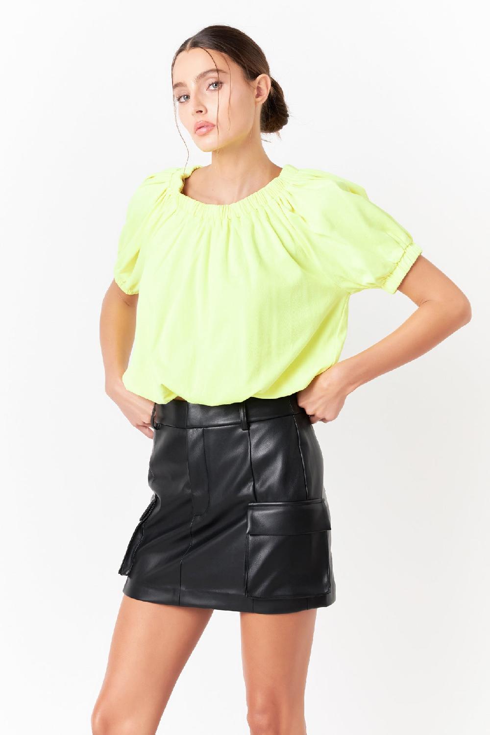 endless rose Neon Color Elastic Detail Balloon Cropped Top YELLOW