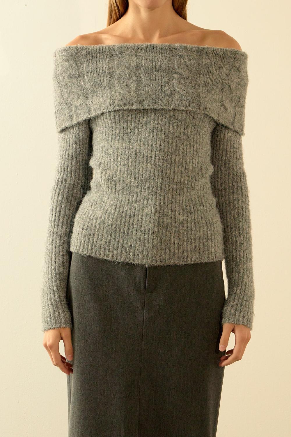 Endless Rose Off Shoulder Cable Knit Sweater HEATHER GREY