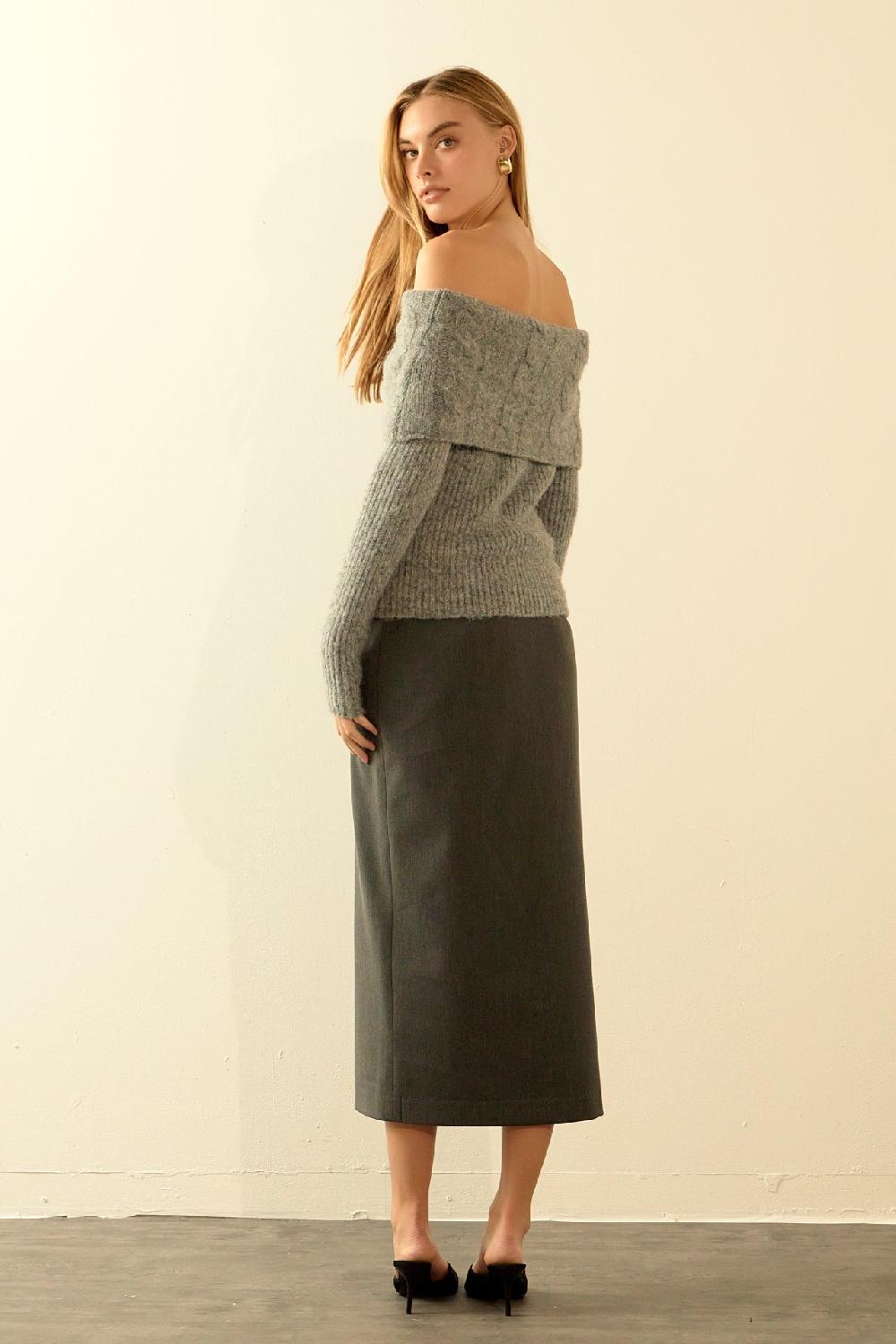 Endless Rose Off Shoulder Cable Knit Sweater HEATHER GREY