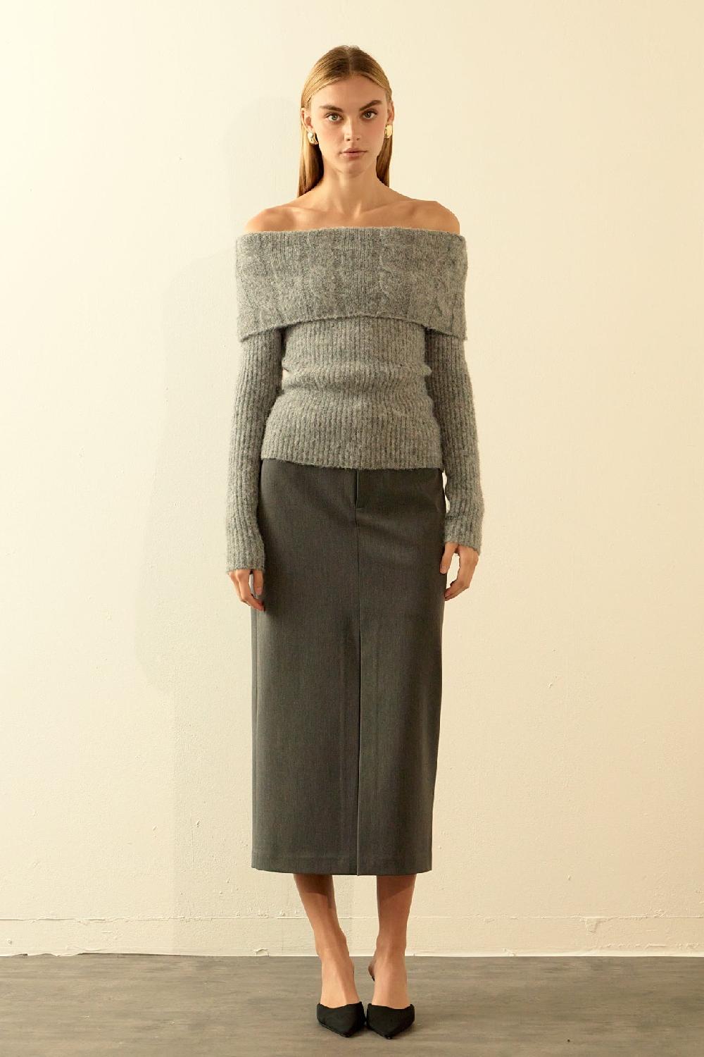 endless rose Off Shoulder Cable Knit Sweater HEATHER GREY