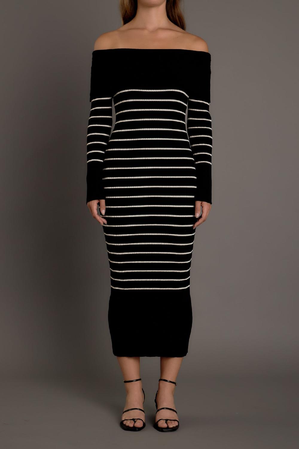 Endless Rose Off Shoulder Fold Striped Maxi Dress BLACK/NUDE