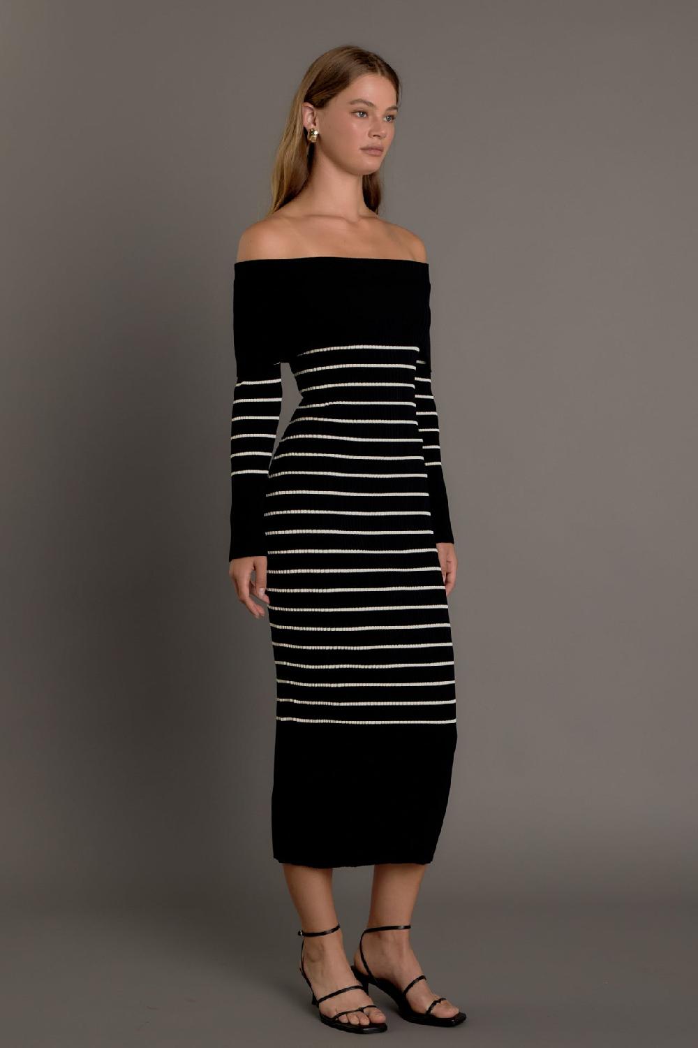 Endless Rose Off Shoulder Fold Striped Maxi Dress BLACK/NUDE