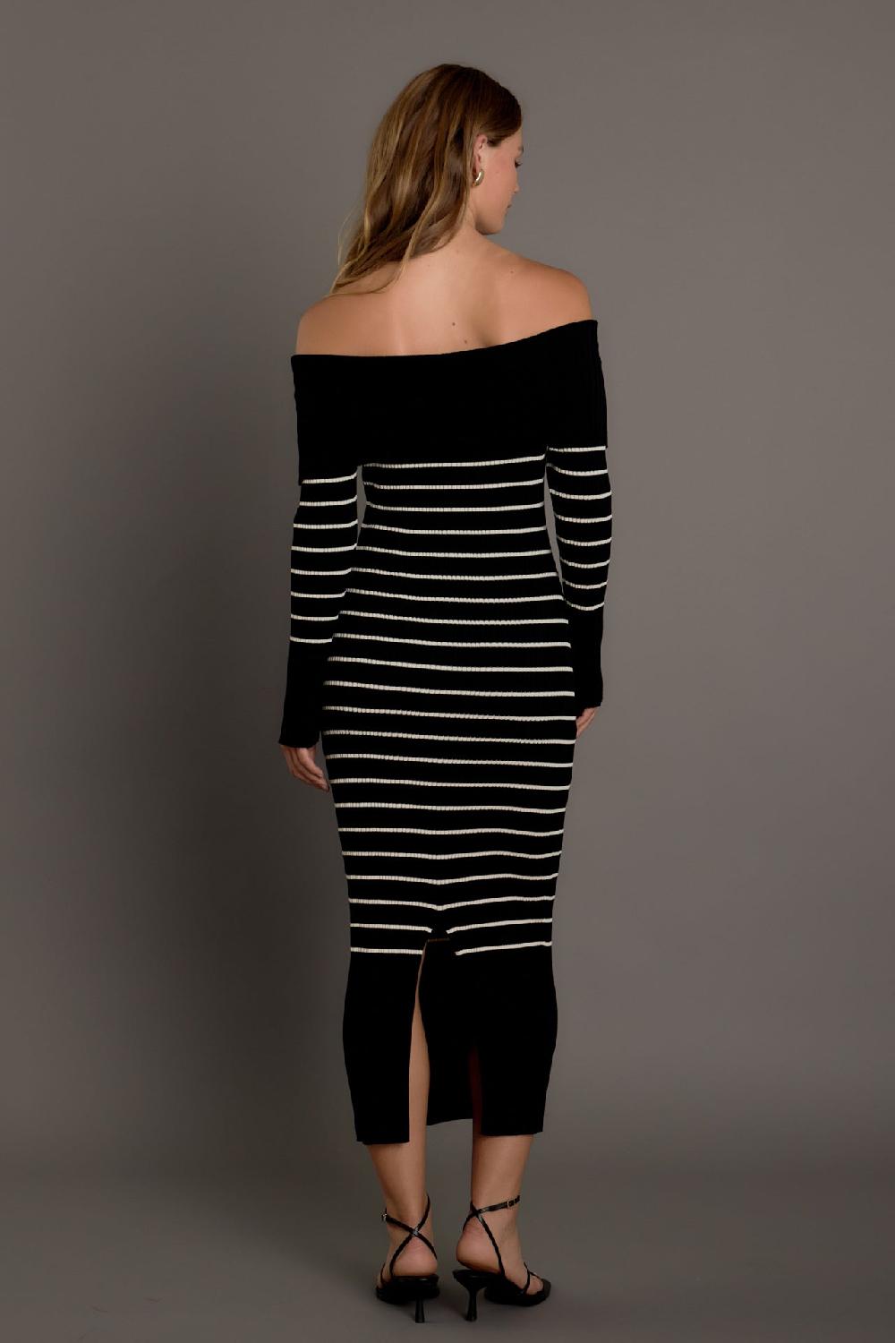 Endless Rose Off Shoulder Fold Striped Maxi Dress BLACK/NUDE