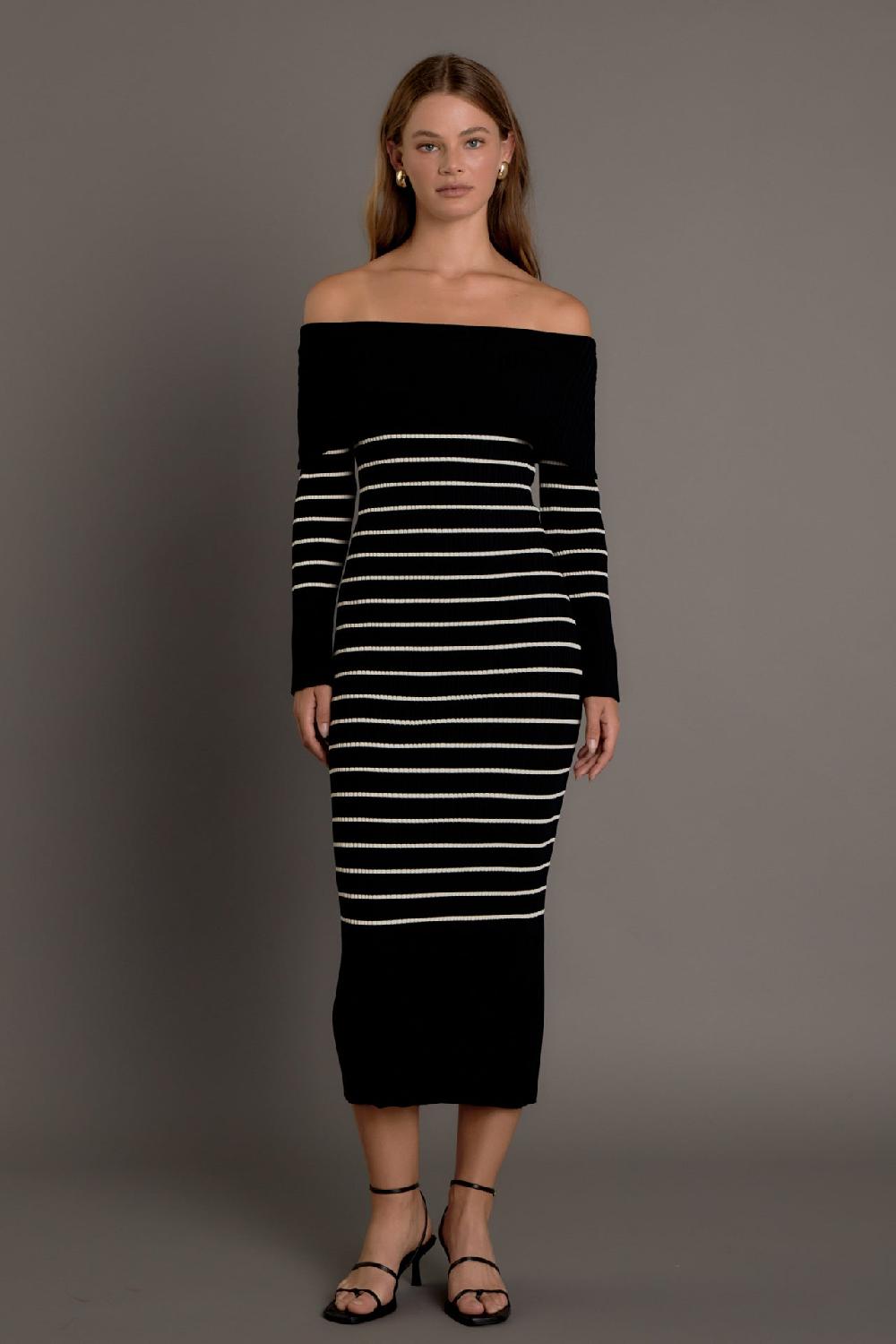 endless rose Off Shoulder Fold Striped Maxi Dress BLACK/NUDE