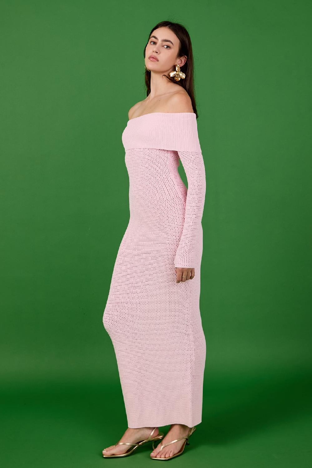 Endless Rose Off Shoulder Long Sleeve Midi Dress PINK