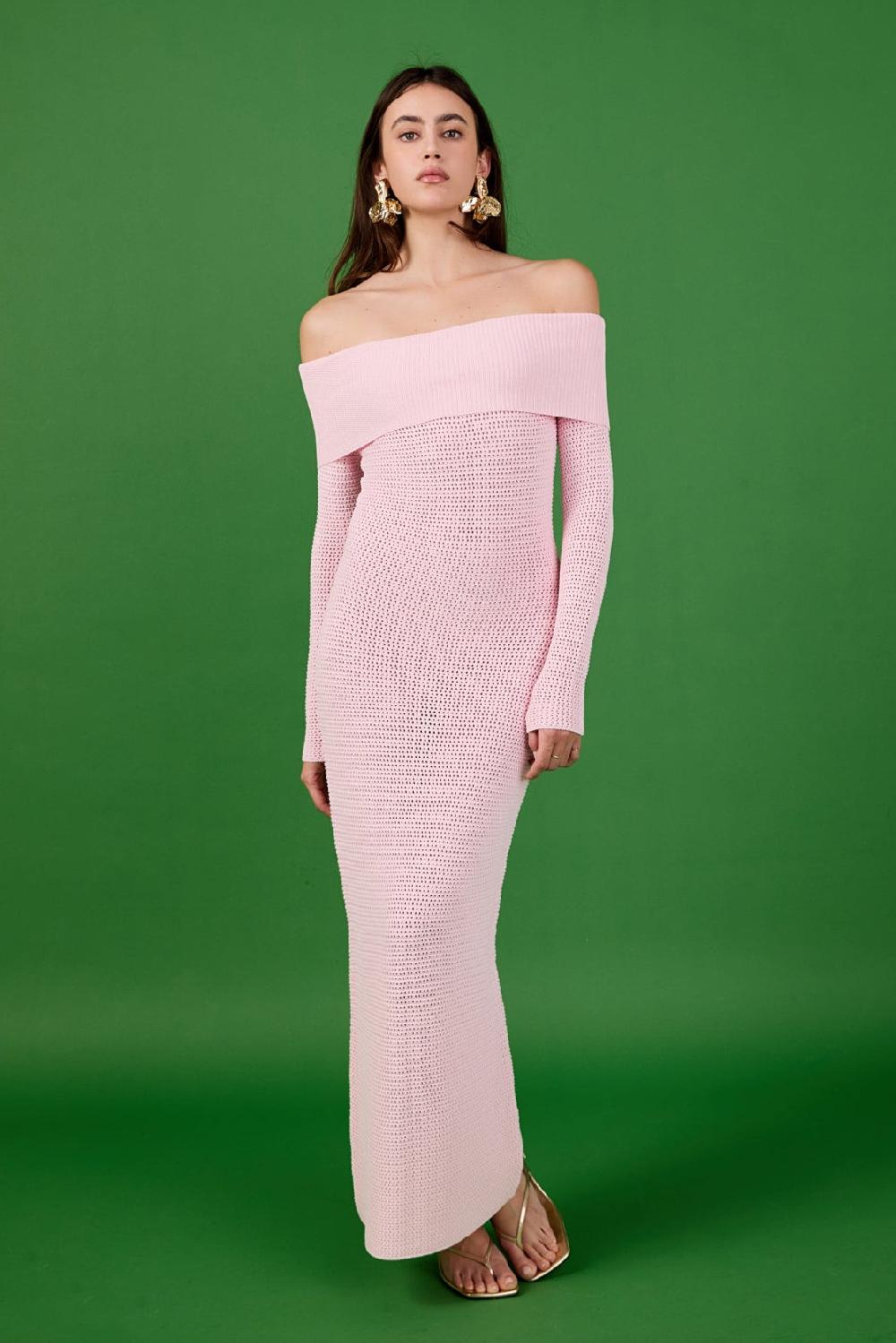 endless rose Off Shoulder Long Sleeve Midi Dress PINK