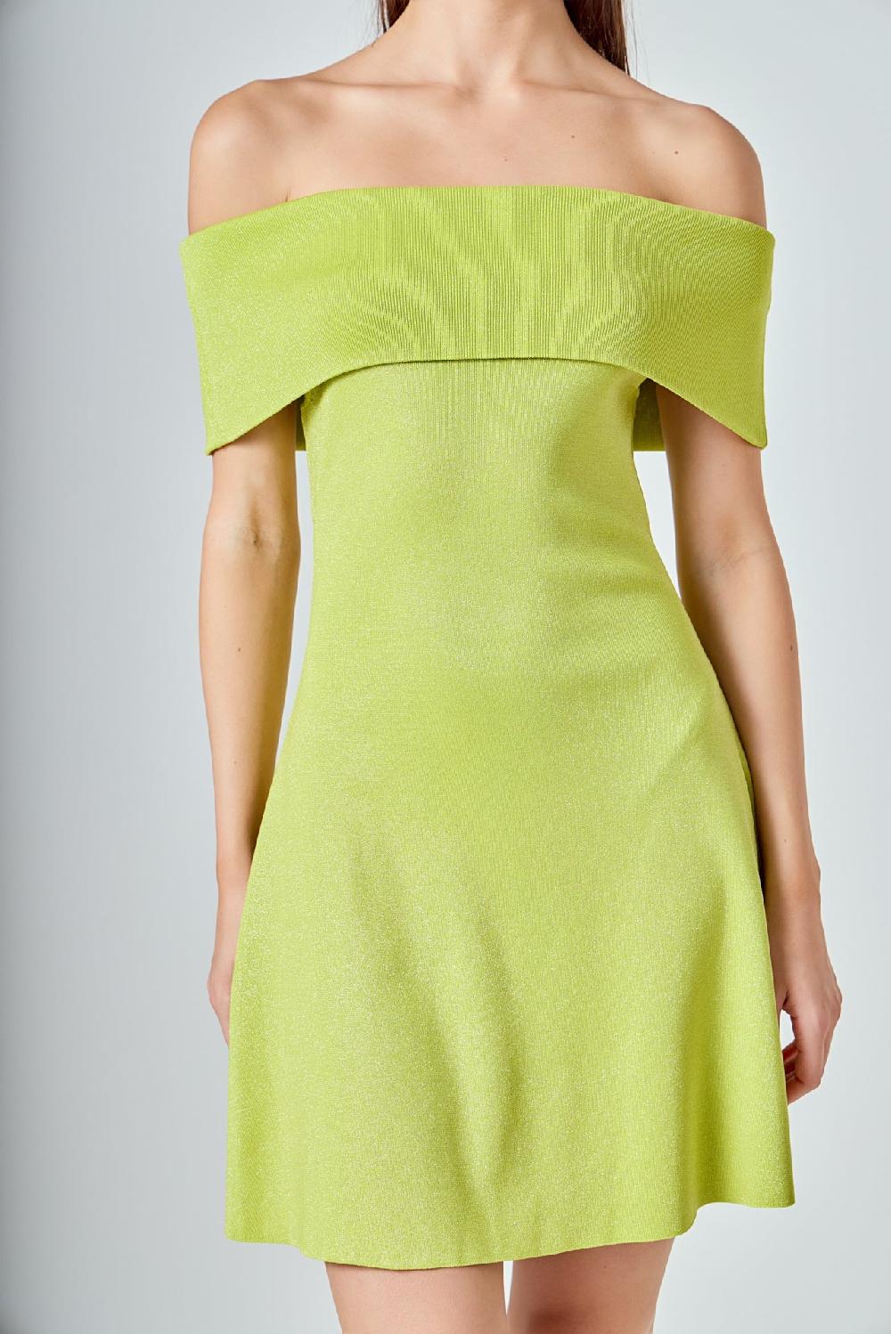 Endless Rose Off Shoulder Lurex Knit Mini Dress LIME GREEN