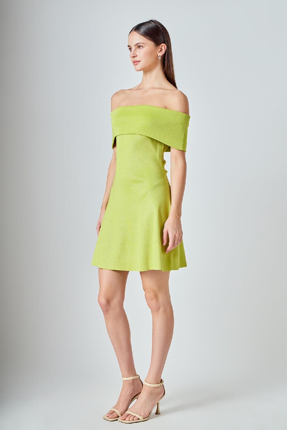 Endless Rose Off Shoulder Lurex Knit Mini Dress LIME GREEN
