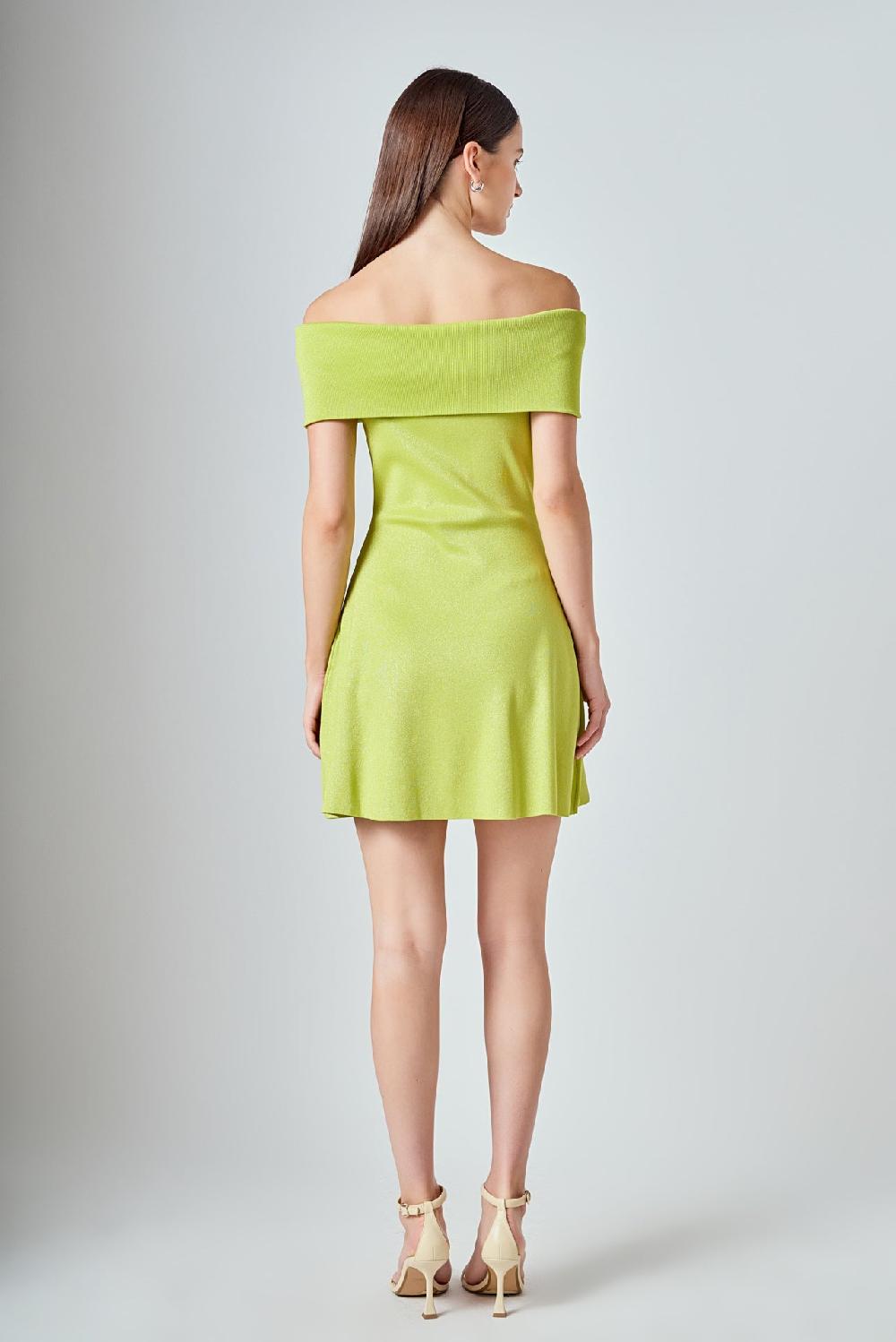 Endless Rose Off Shoulder Lurex Knit Mini Dress LIME GREEN