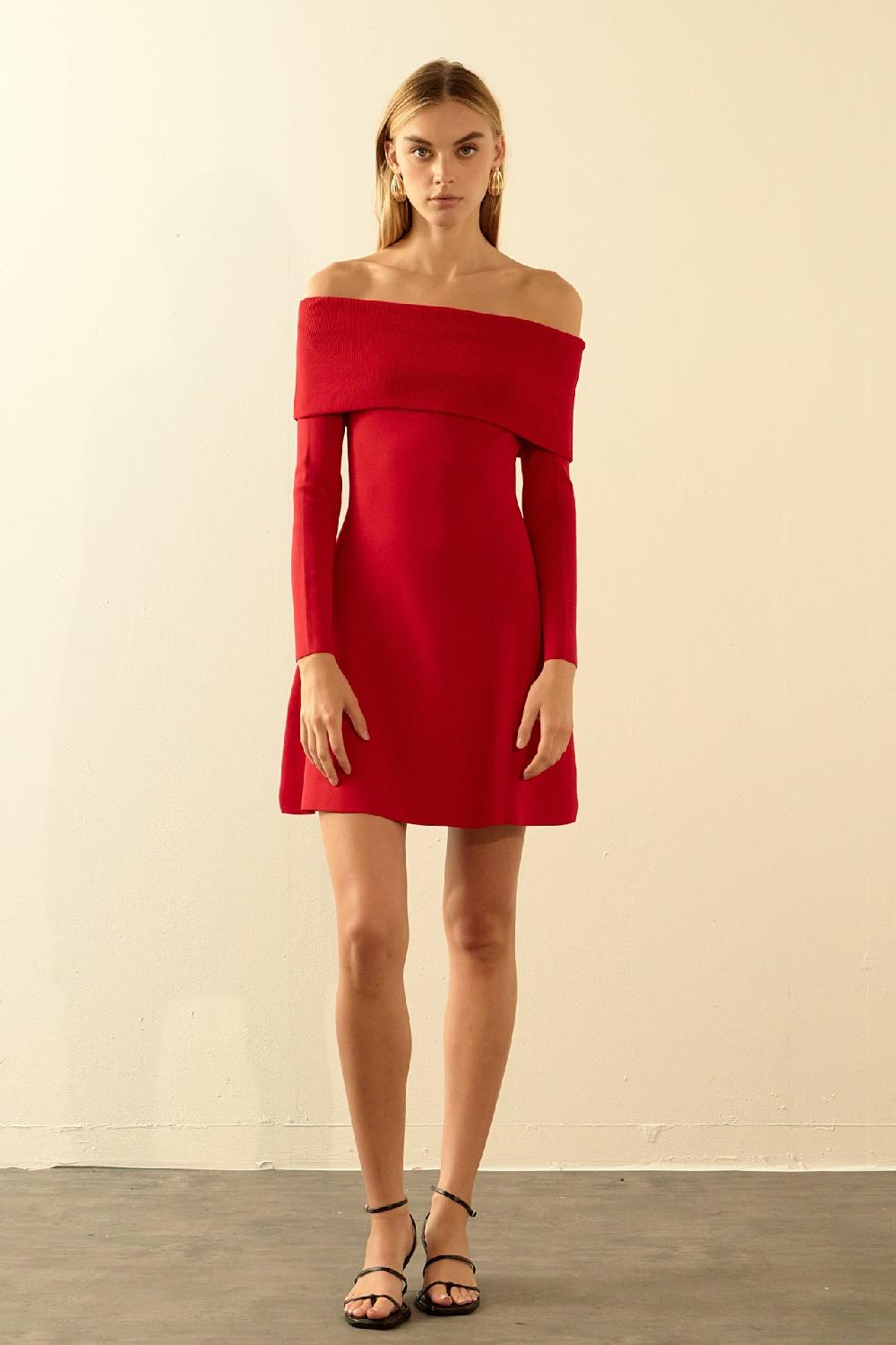 endless rose Off Shoulder MIni Flare Knit Dress RED