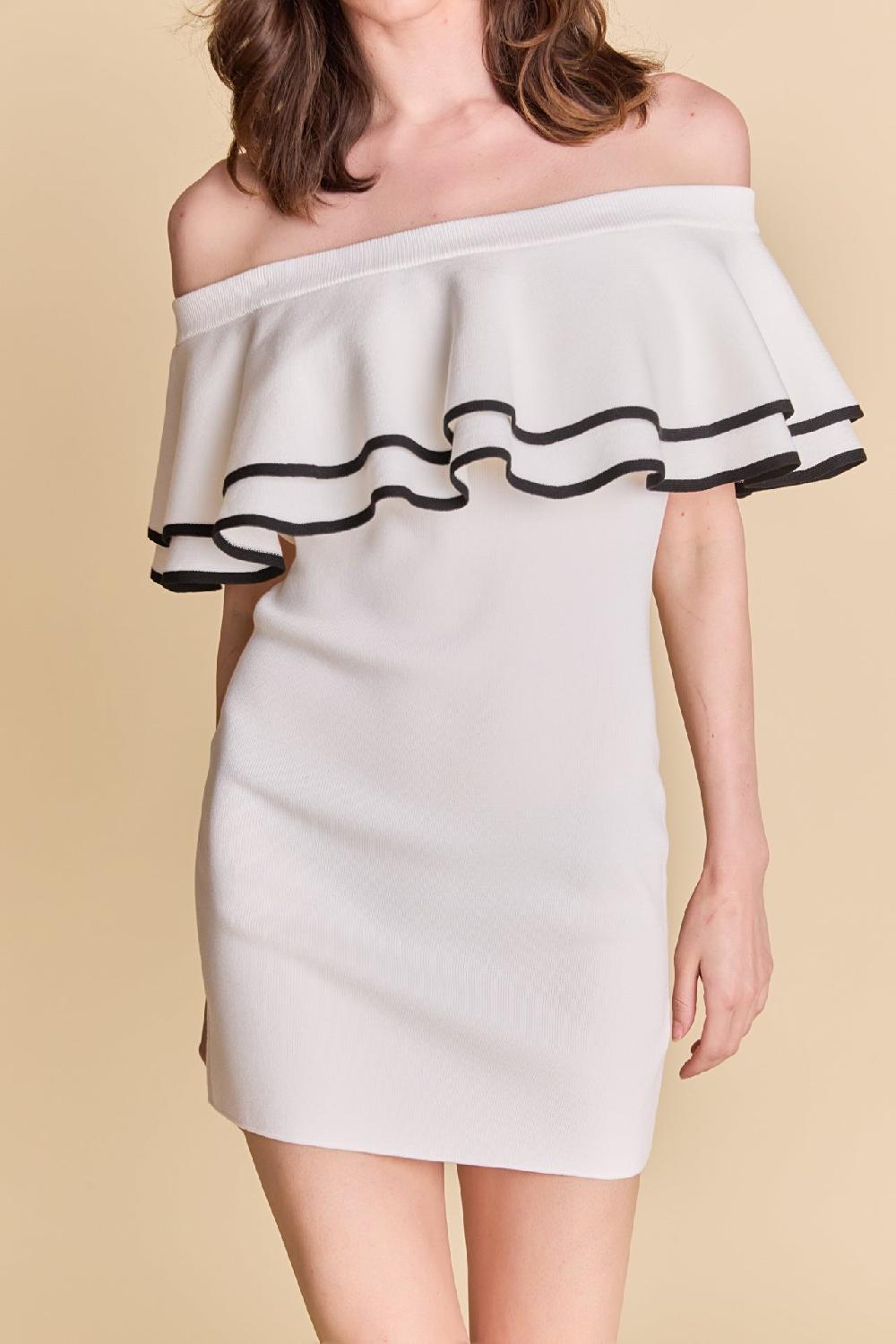 Endless Rose Off Shoulder Ruffle Mini Dress IVORY/BLACK