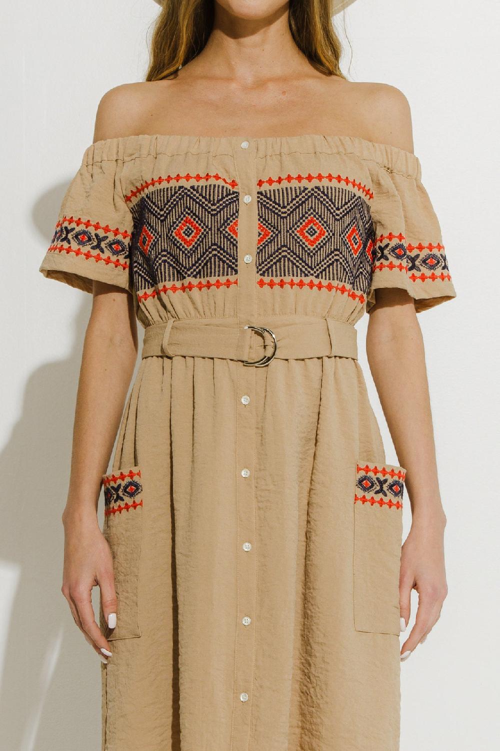 Endless Rose Off The Shoulder Embroidered Dress BEIGE