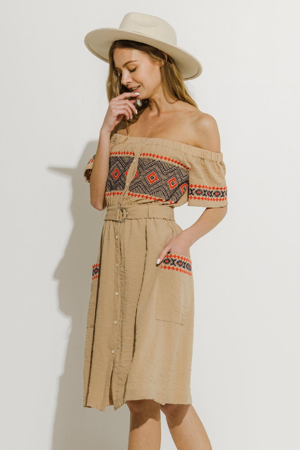 Endless Rose Off The Shoulder Embroidered Dress BEIGE