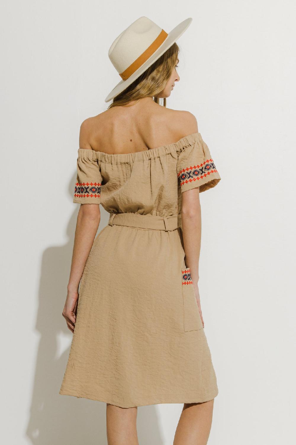 Endless Rose Off The Shoulder Embroidered Dress BEIGE