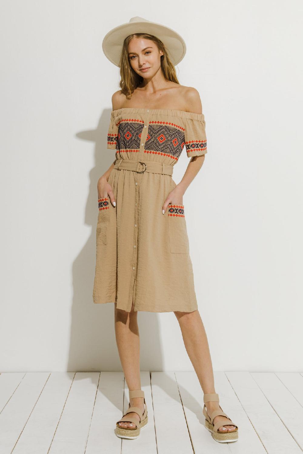 endless rose Off the Shoulder Embroidered Dress BEIGE