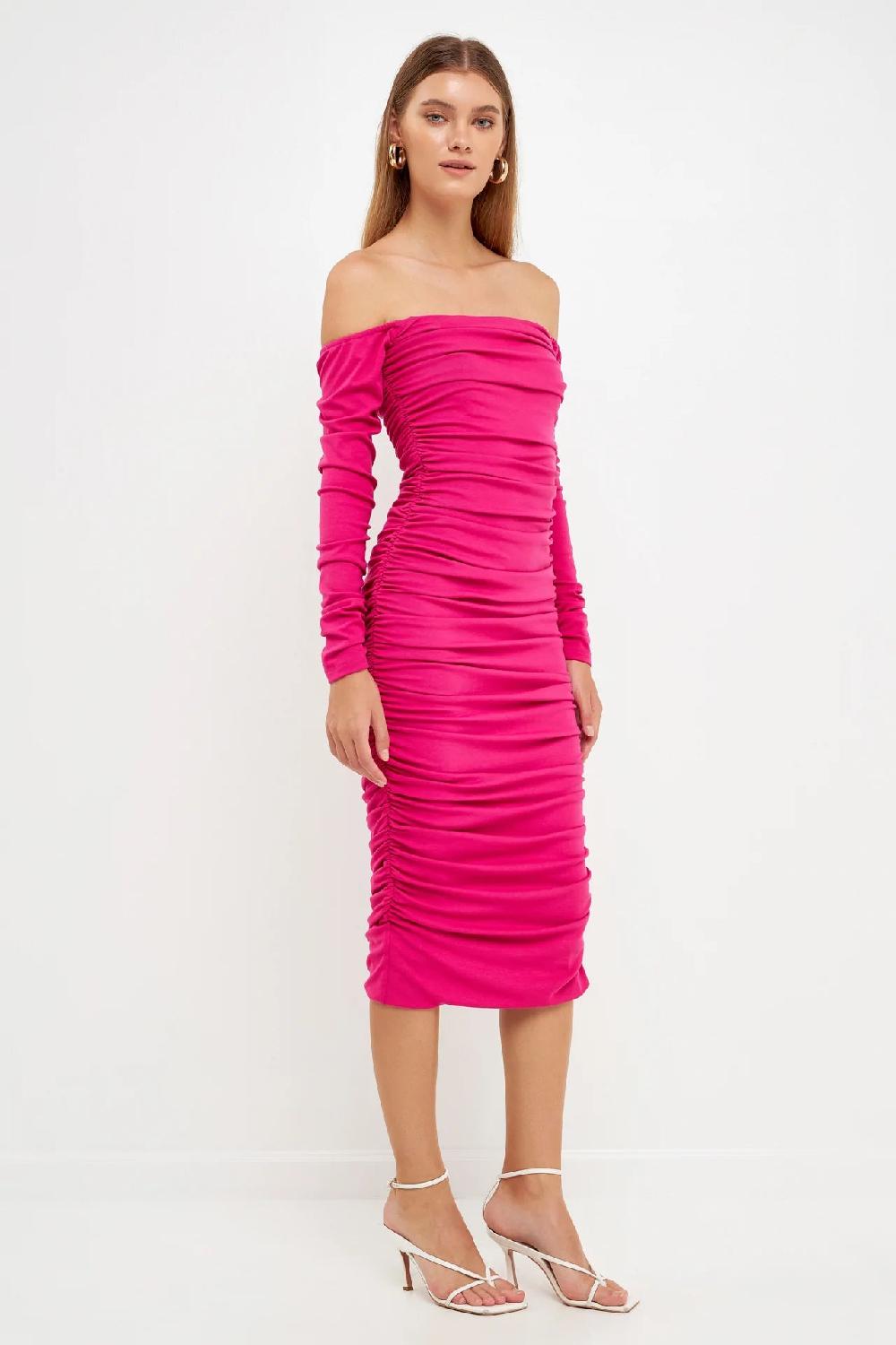 Endless Rose Off-The-Shoulder Ruched Midi Dress FUCHSIA