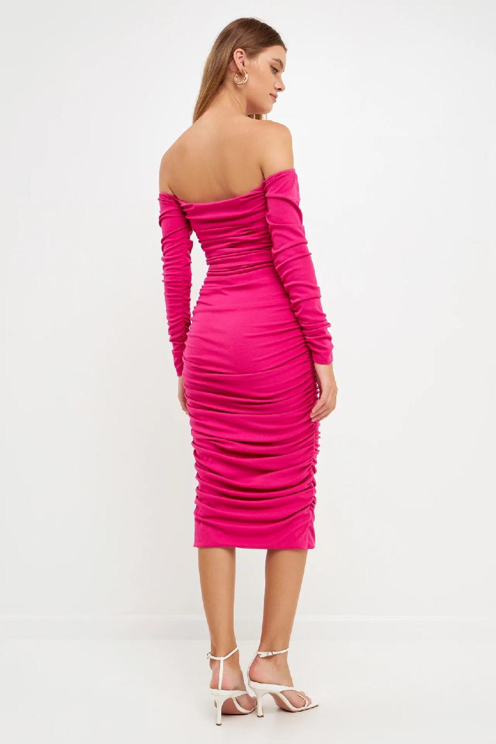 Endless Rose Off-The-Shoulder Ruched Midi Dress FUCHSIA