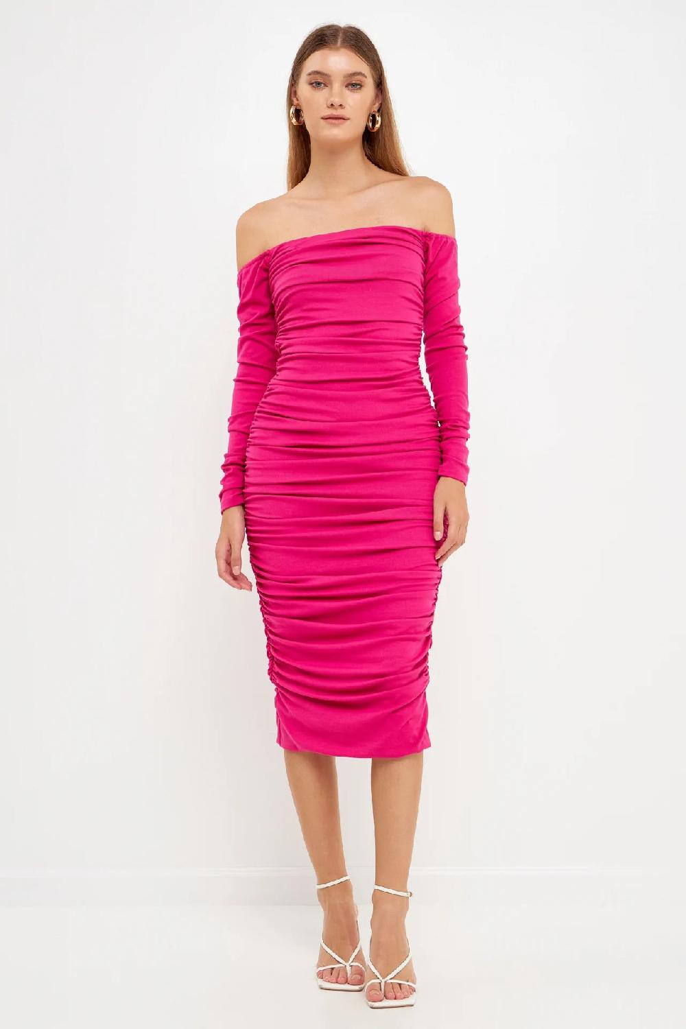 endless rose Off-The-Shoulder Ruched Midi Dress FUCHSIA