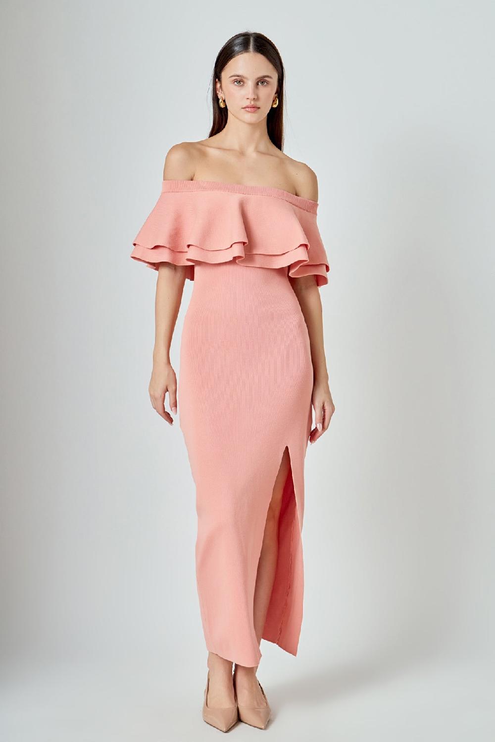 endless rose Off the Shoulder Ruffle Maxi Dress BLUSH