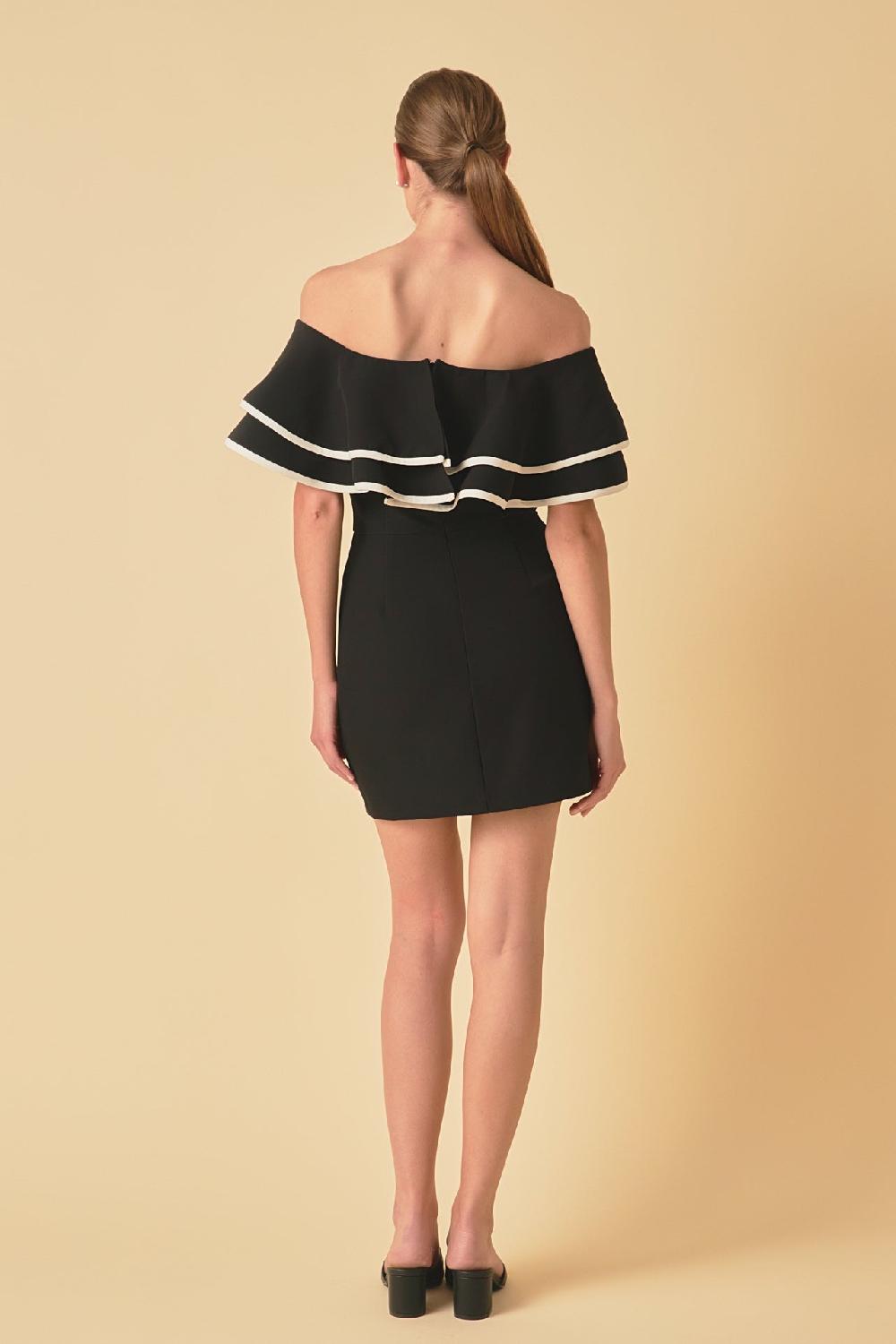 Endless Rose Off-The-Shoulder Ruffle Mini Dress BLACK/WHITE