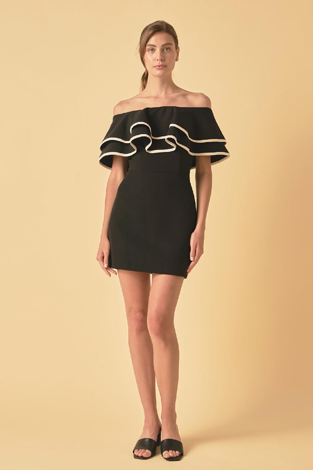 endless rose Off-The-Shoulder Ruffle Mini Dress BLACK/WHITE