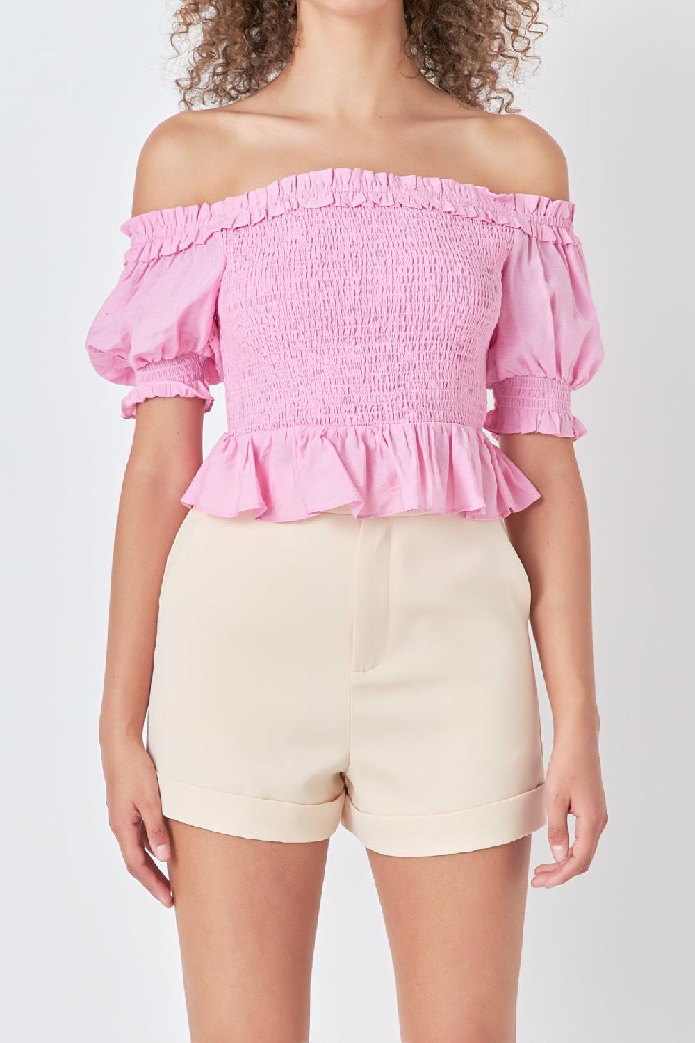 Endless Rose Off The Shoulder Smocked Crop Top PINK