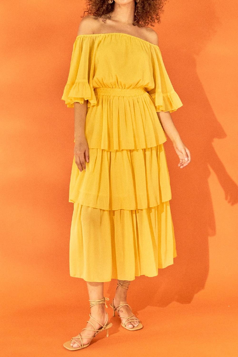 Endless Rose Off-The-Shoulder Tiered Maxi Dress YELLOW