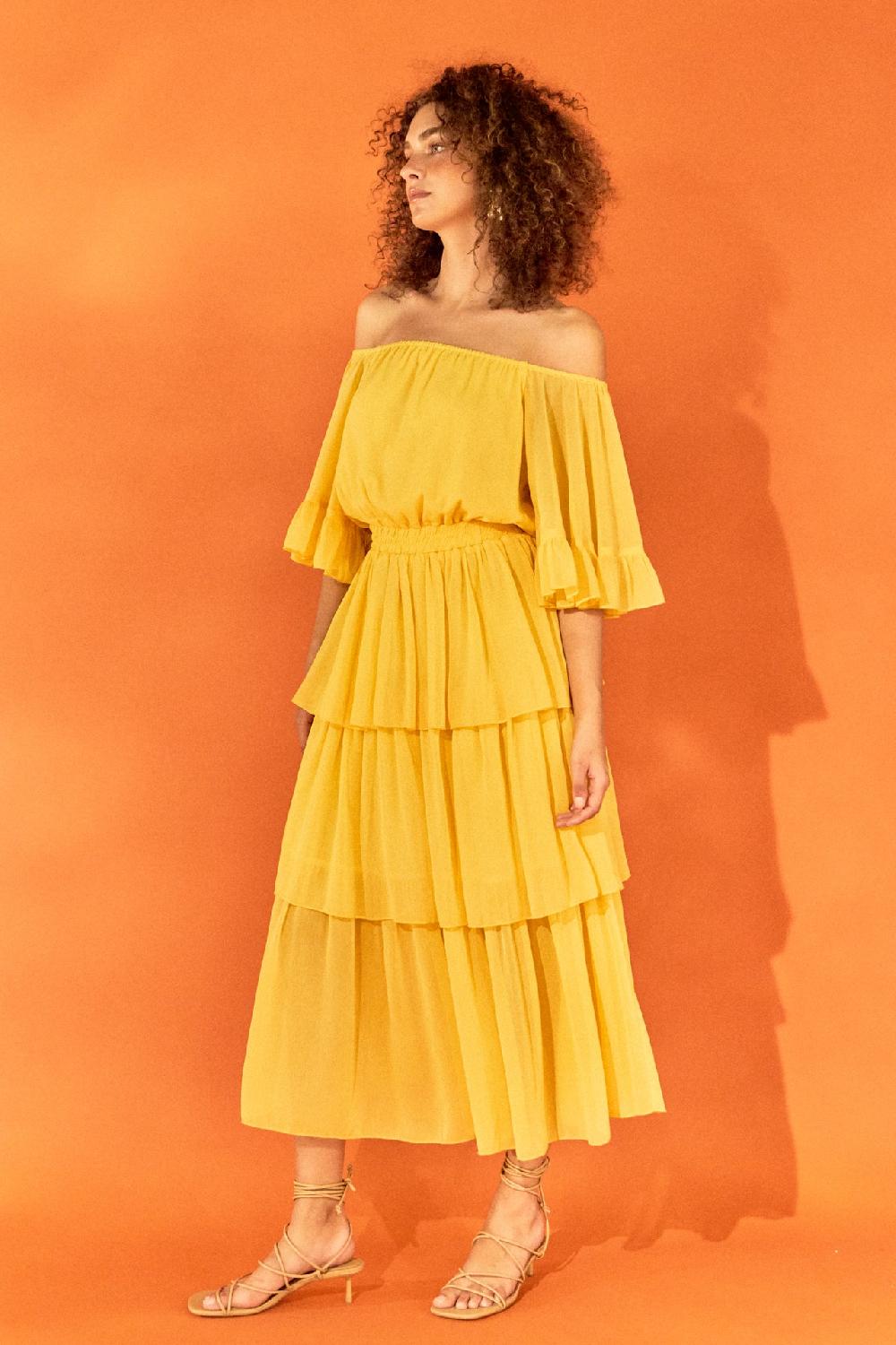 Endless Rose Off-The-Shoulder Tiered Maxi Dress YELLOW