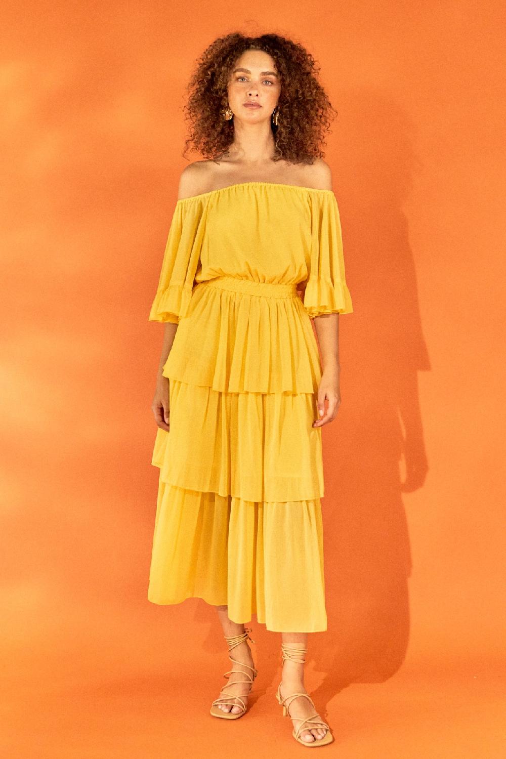 endless rose Off-The-Shoulder Tiered Maxi Dress YELLOW