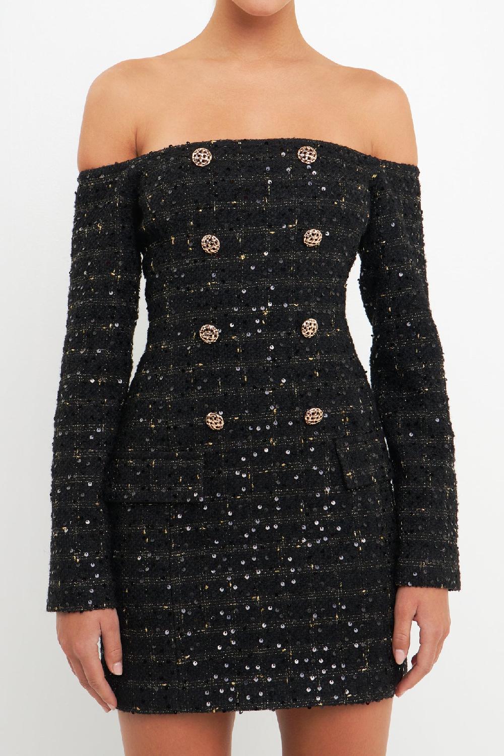 Endless Rose Off-The-Shoulder Tweed Mini Dress BLACK