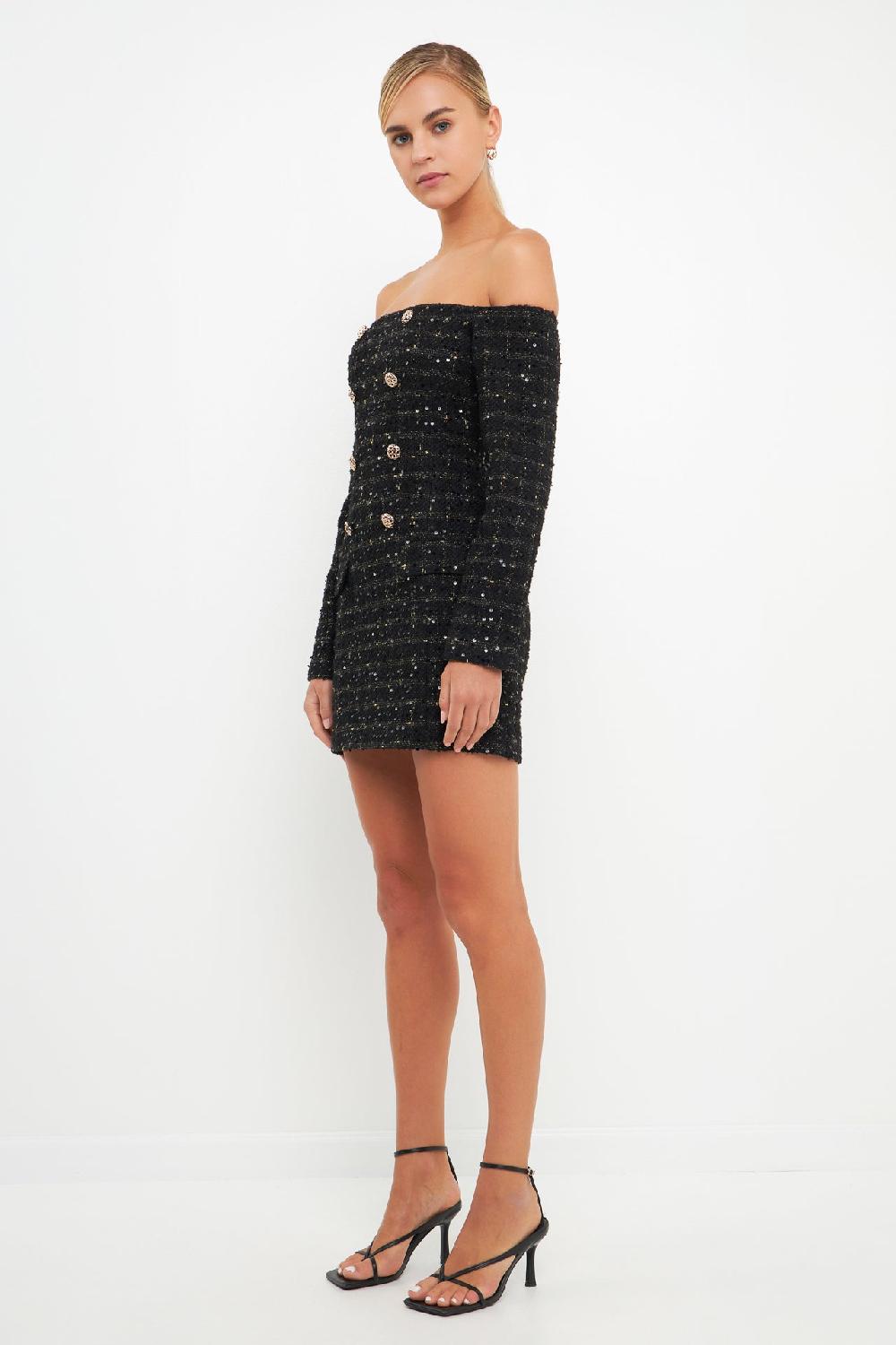 Endless Rose Off-The-Shoulder Tweed Mini Dress BLACK