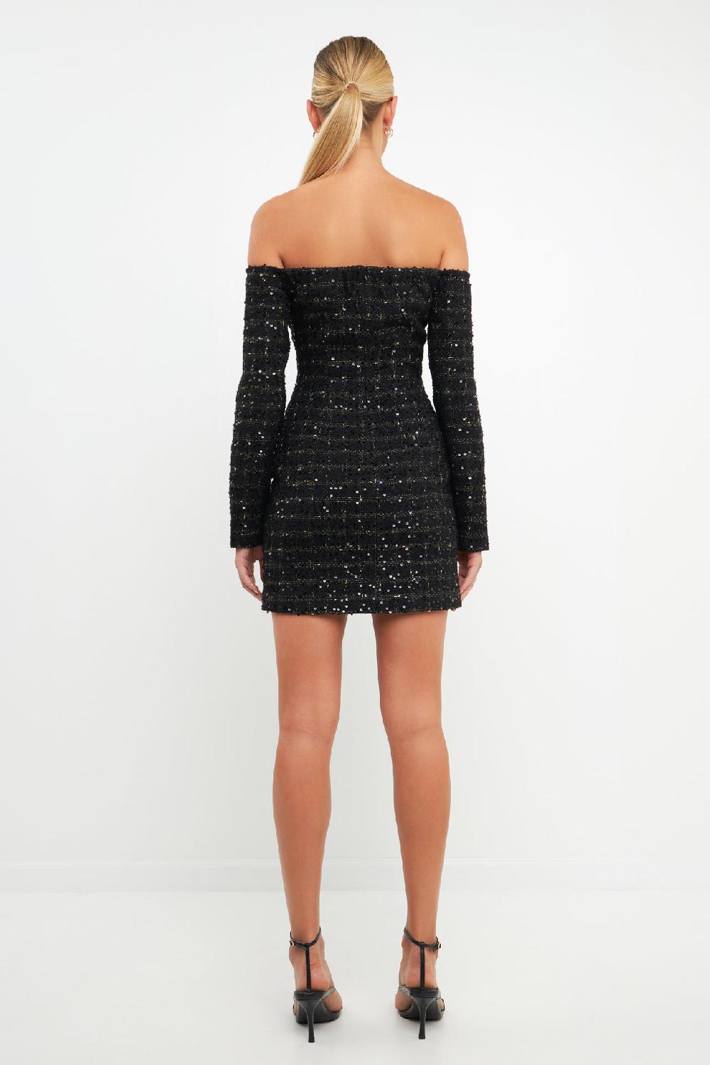 Endless Rose Off-The-Shoulder Tweed Mini Dress BLACK