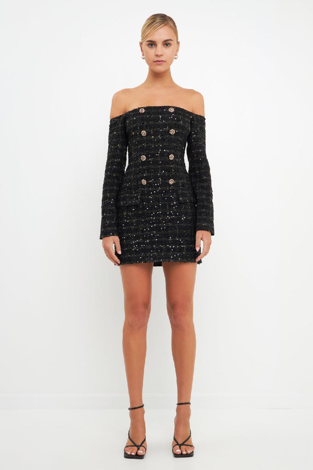 endless rose Off-The-Shoulder Tweed Mini Dress BLACK