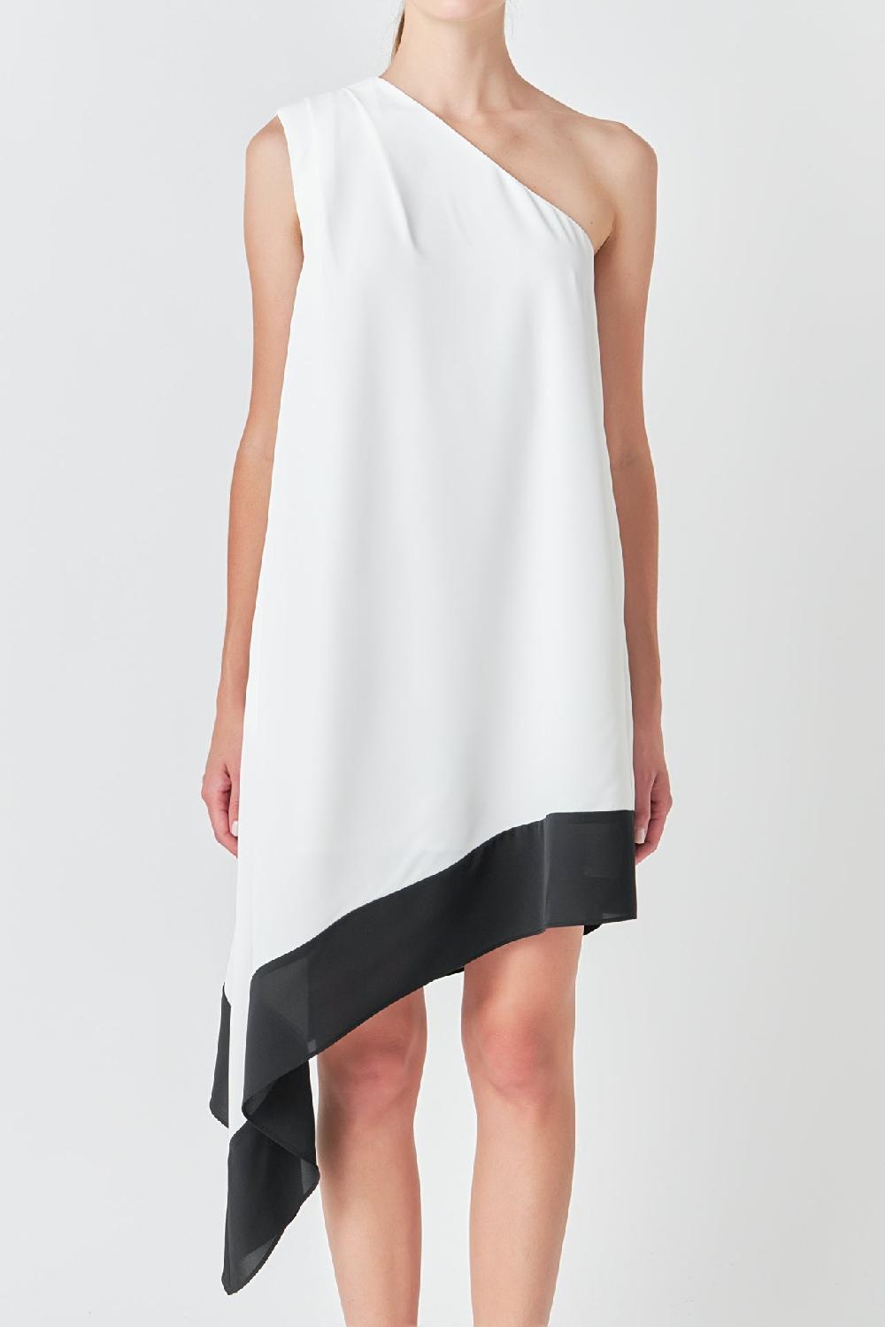 Endless Rose One Shoulder Colorblock Dress CREAM/BLACK