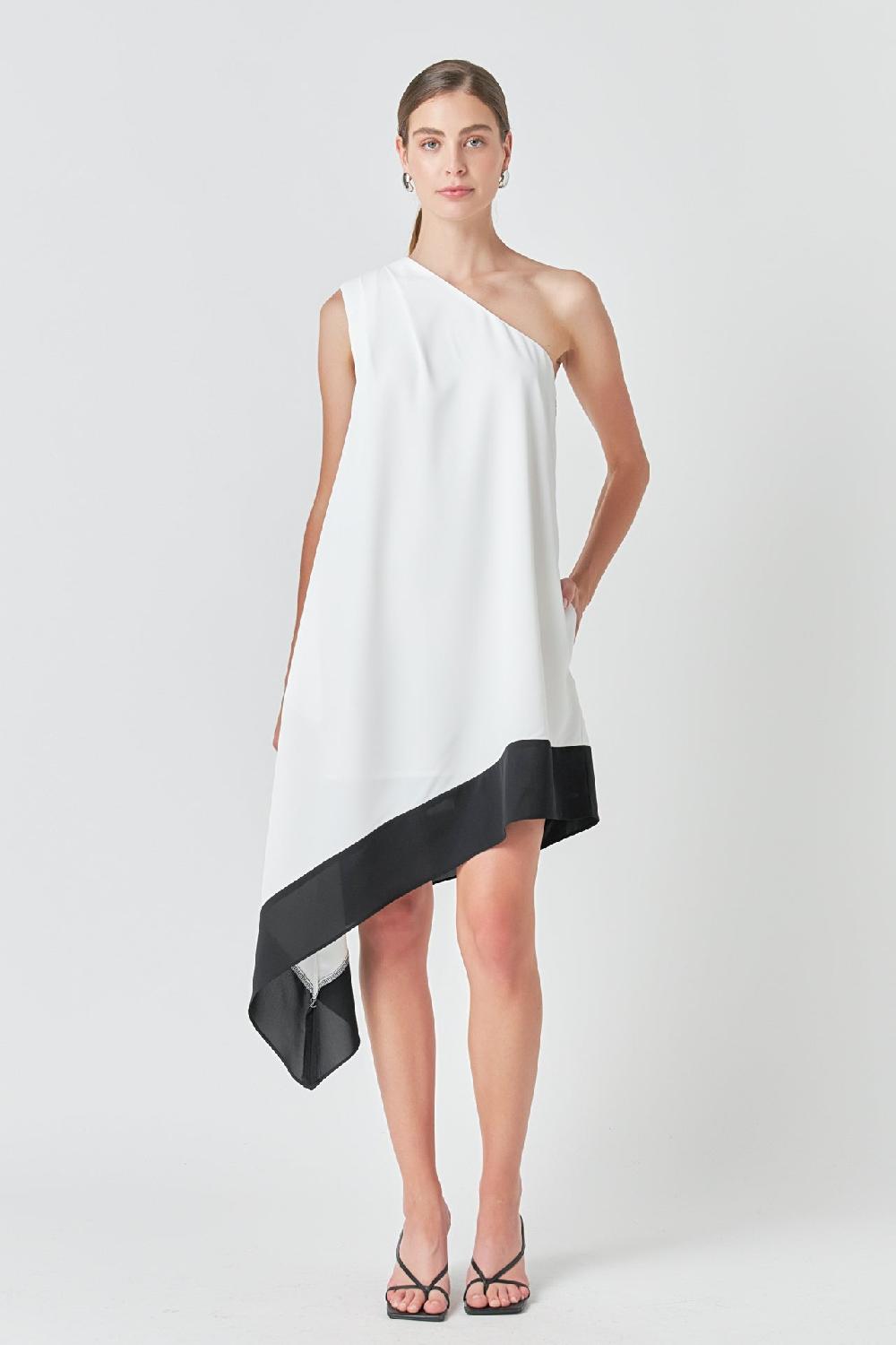 endless rose One Shoulder Colorblock Dress CREAM/BLACK
