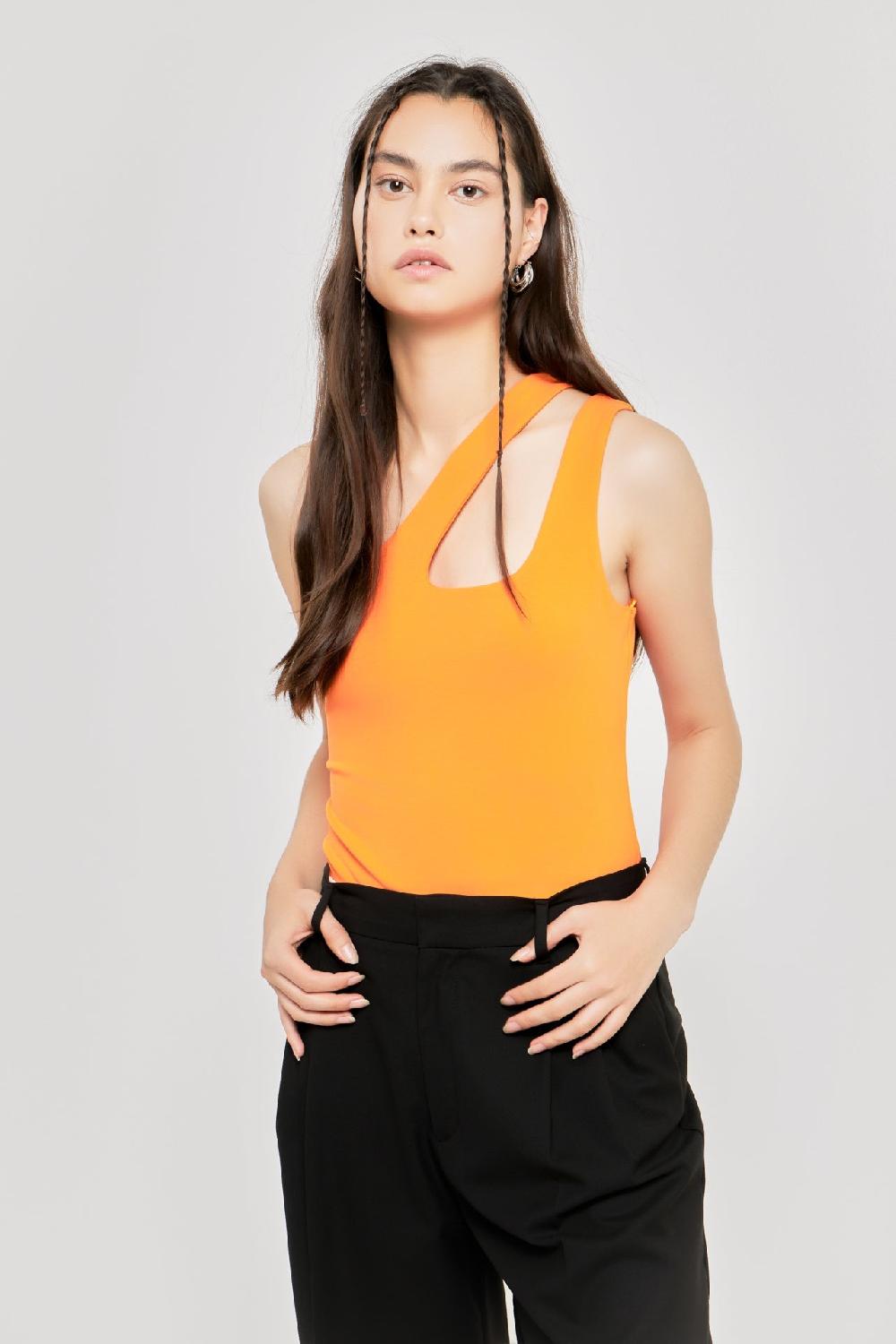 endless rose One Shoulder Cut-out Detail Knit Bodysuit ORANGE
