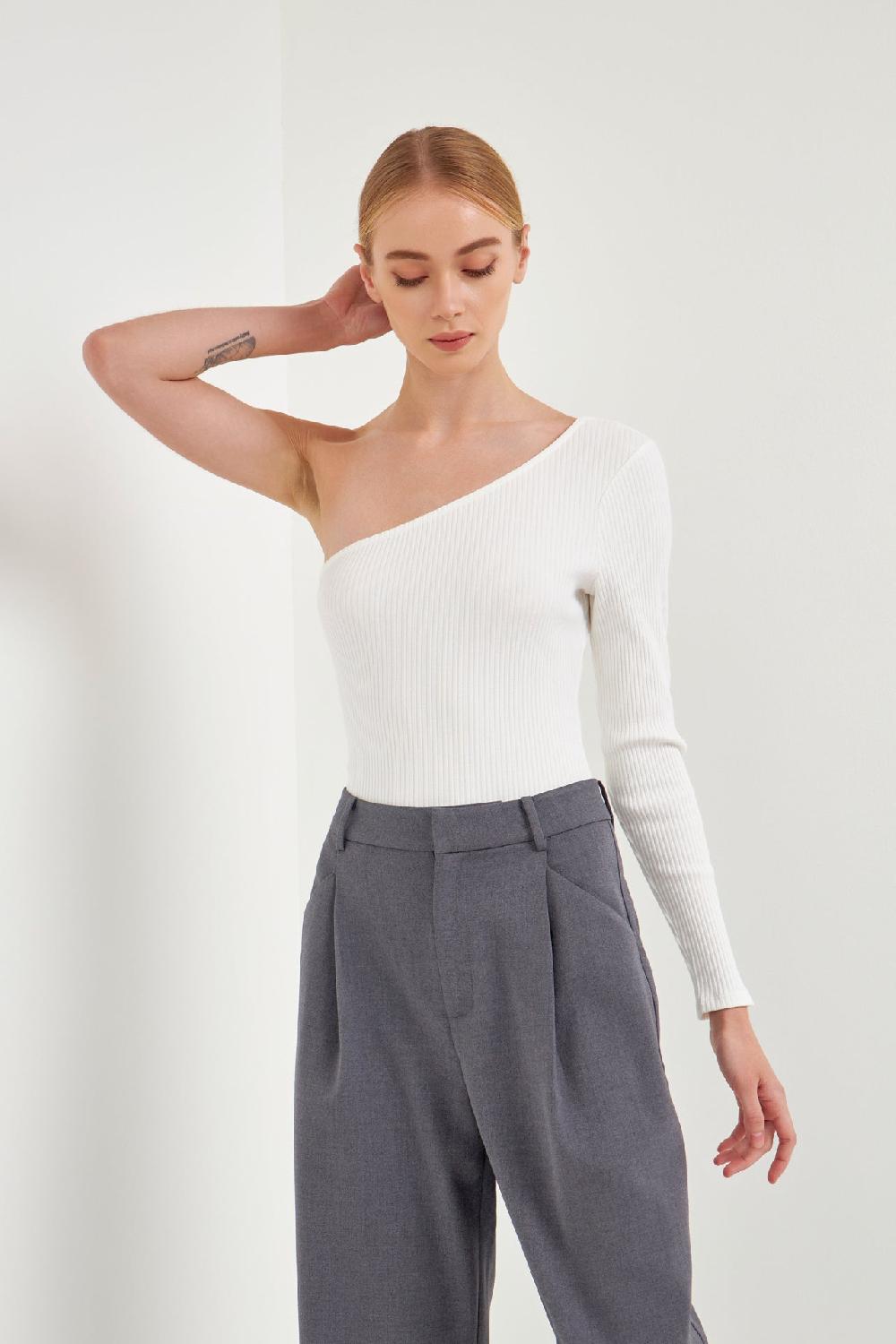 Endless Rose One Shoulder Ribbed Knit Bodysuit WHITE