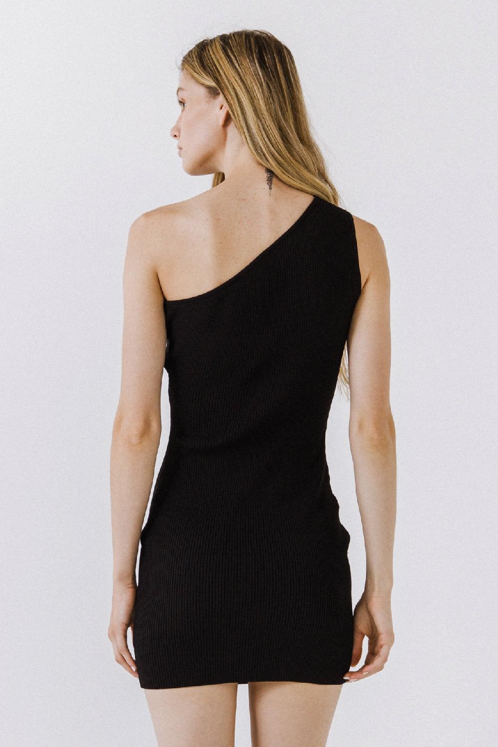 Endless Rose One-Shoulder Ribbed Knit Mini Dress BLACK