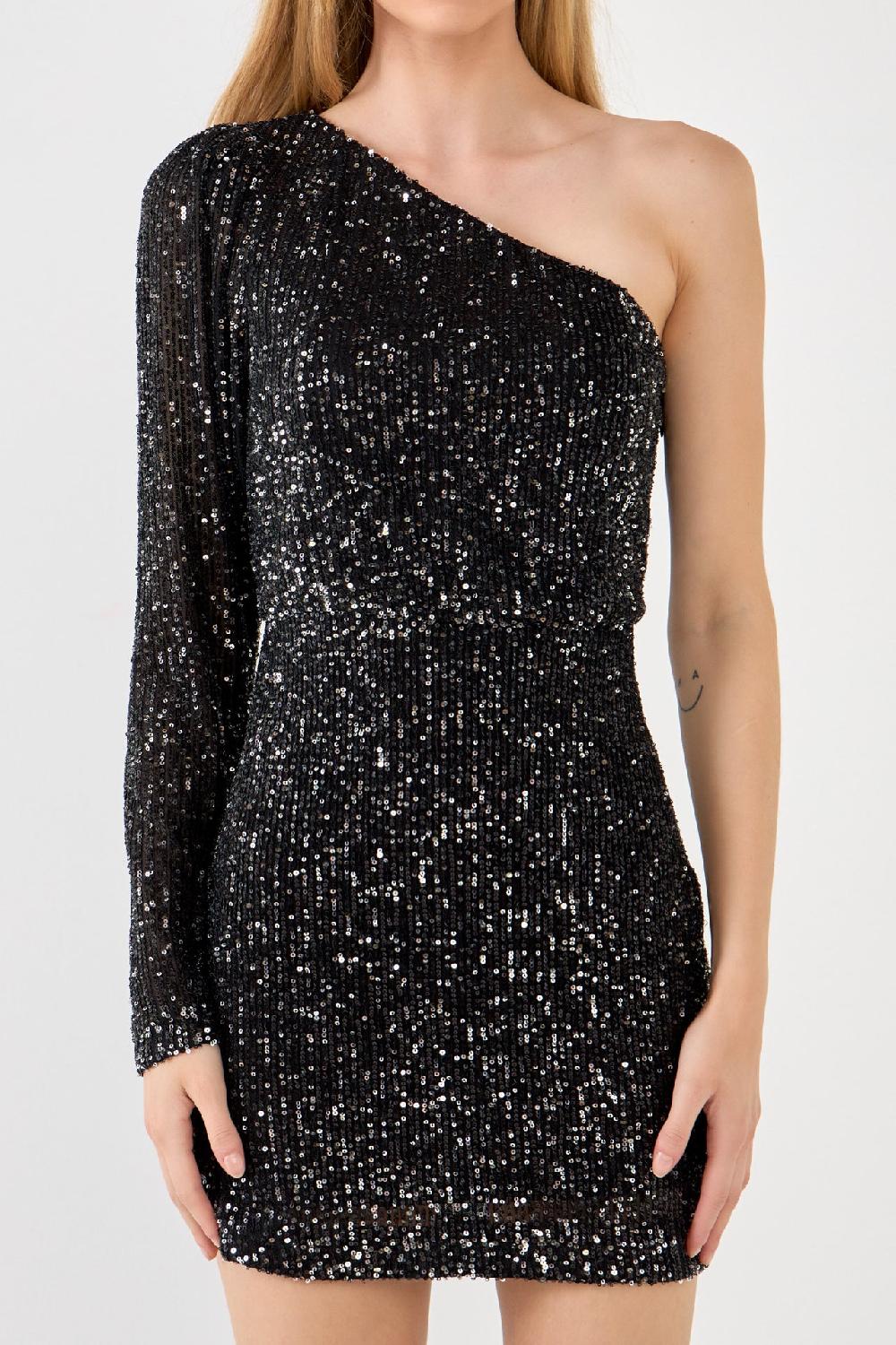 Endless Rose One Shoulder Sequins Mini Dress SILVER/BLACK