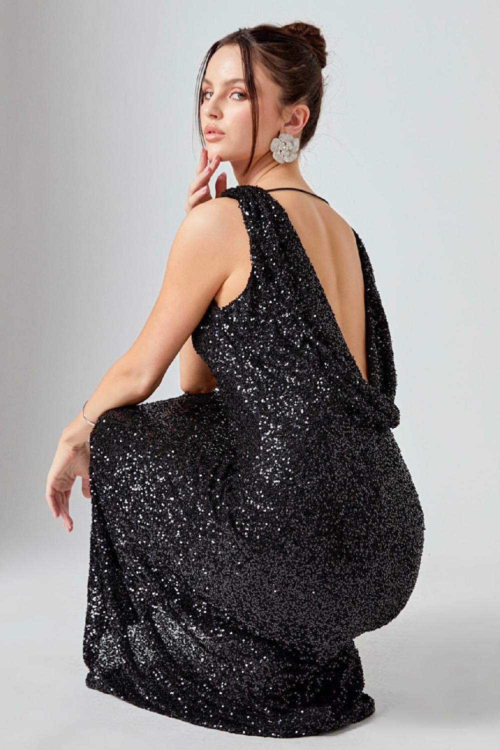 endless rose Open Back Sleeveless Sequins Maxi Dress BLACK