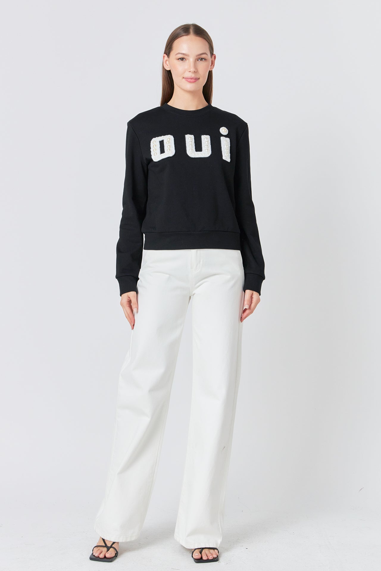 endless rose Oui Pearl Embellished Sweatshirt BLACK