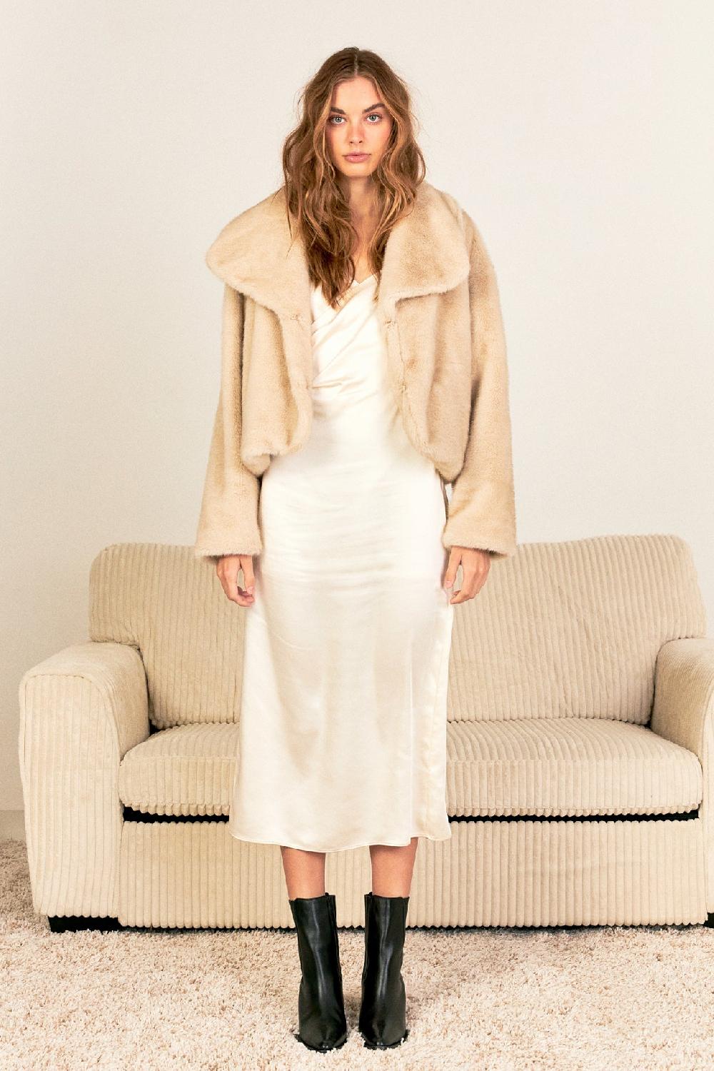 Endless Rose Oversized Collar Faux Fur Jacket BEIGE