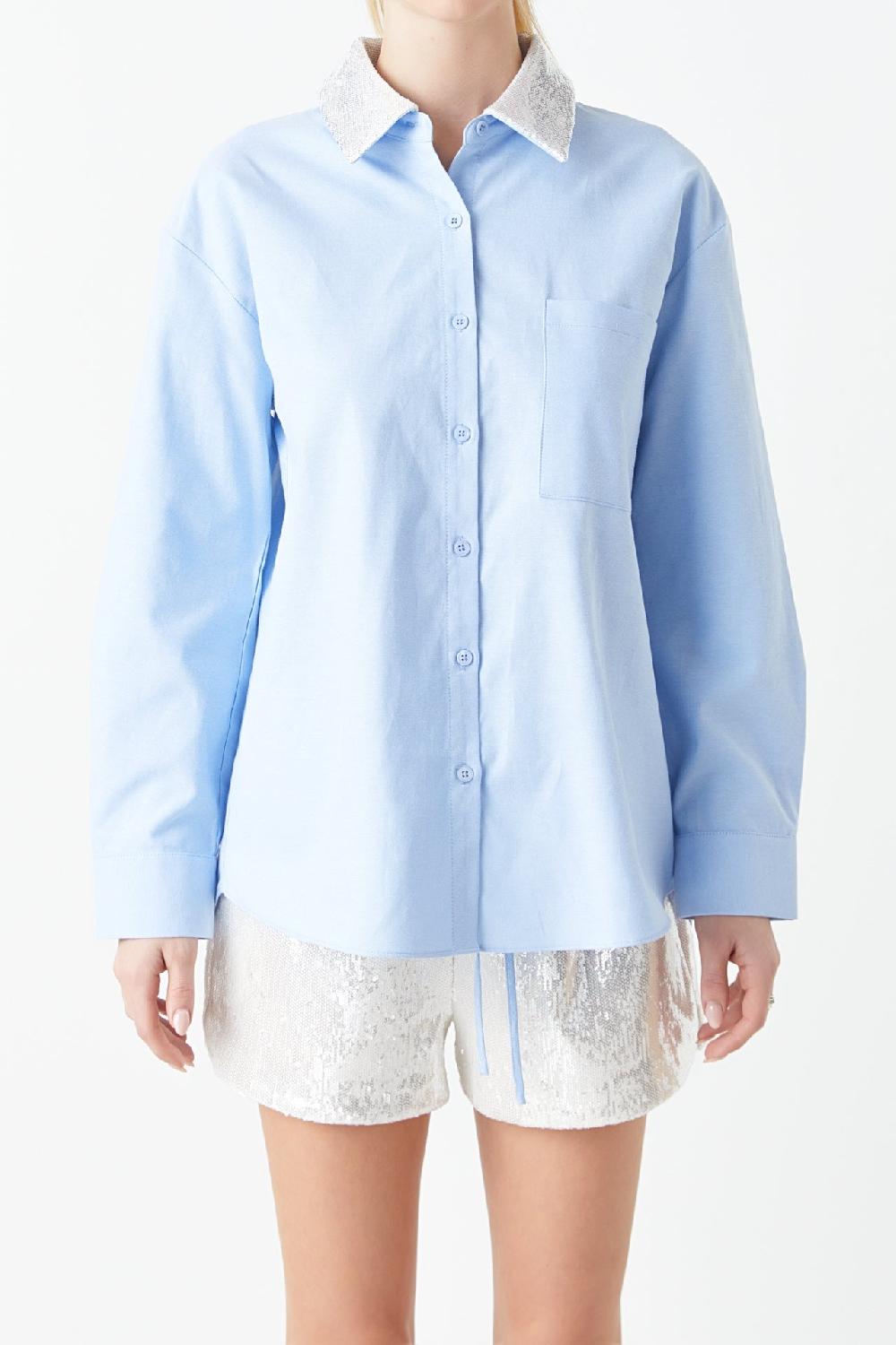 Endless Rose Oversized Oxford Shirt With Sequin Collar BLUE MULTI