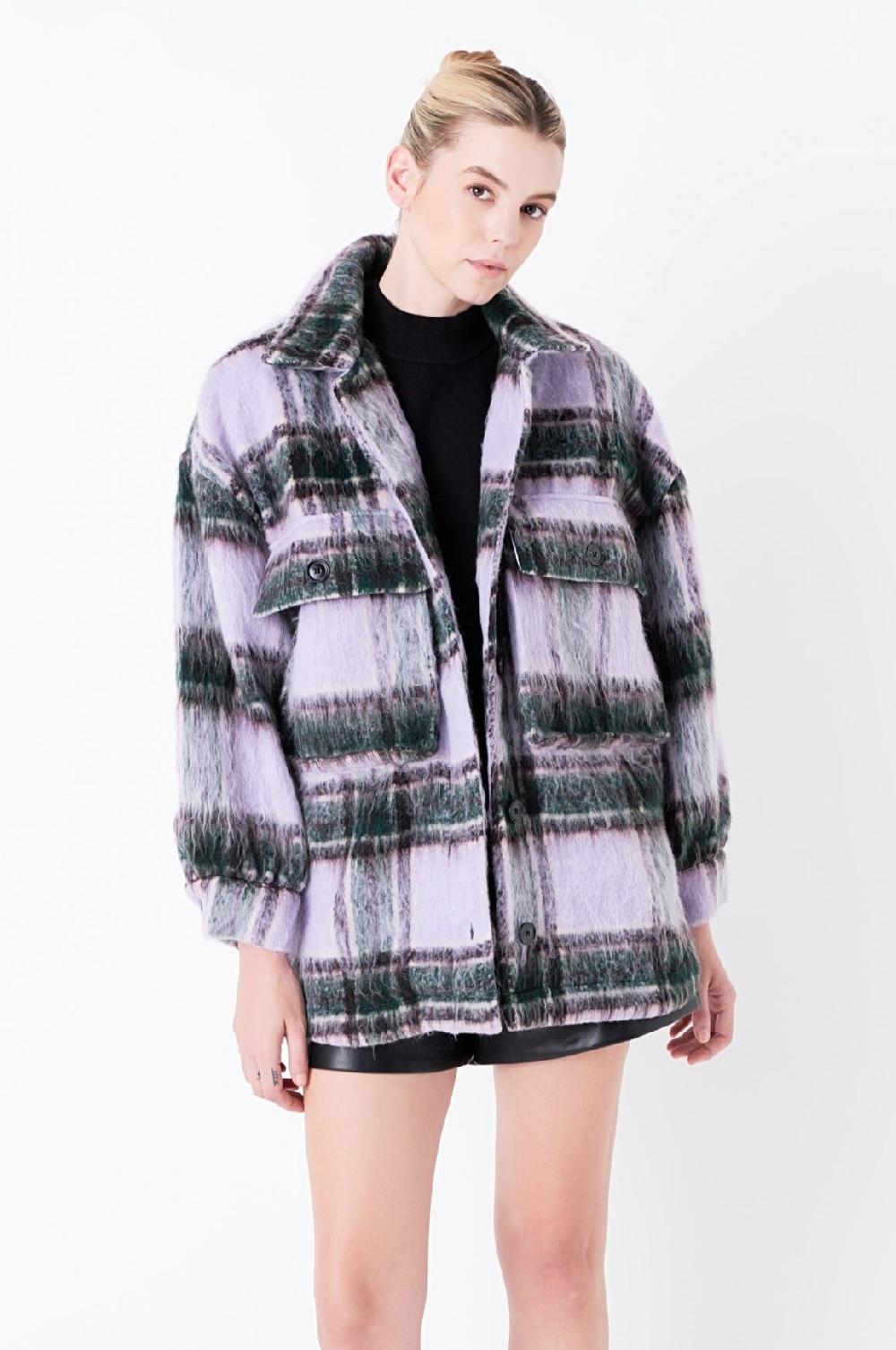 endless rose Oversized Plaid Shacket with Pockets LILAC